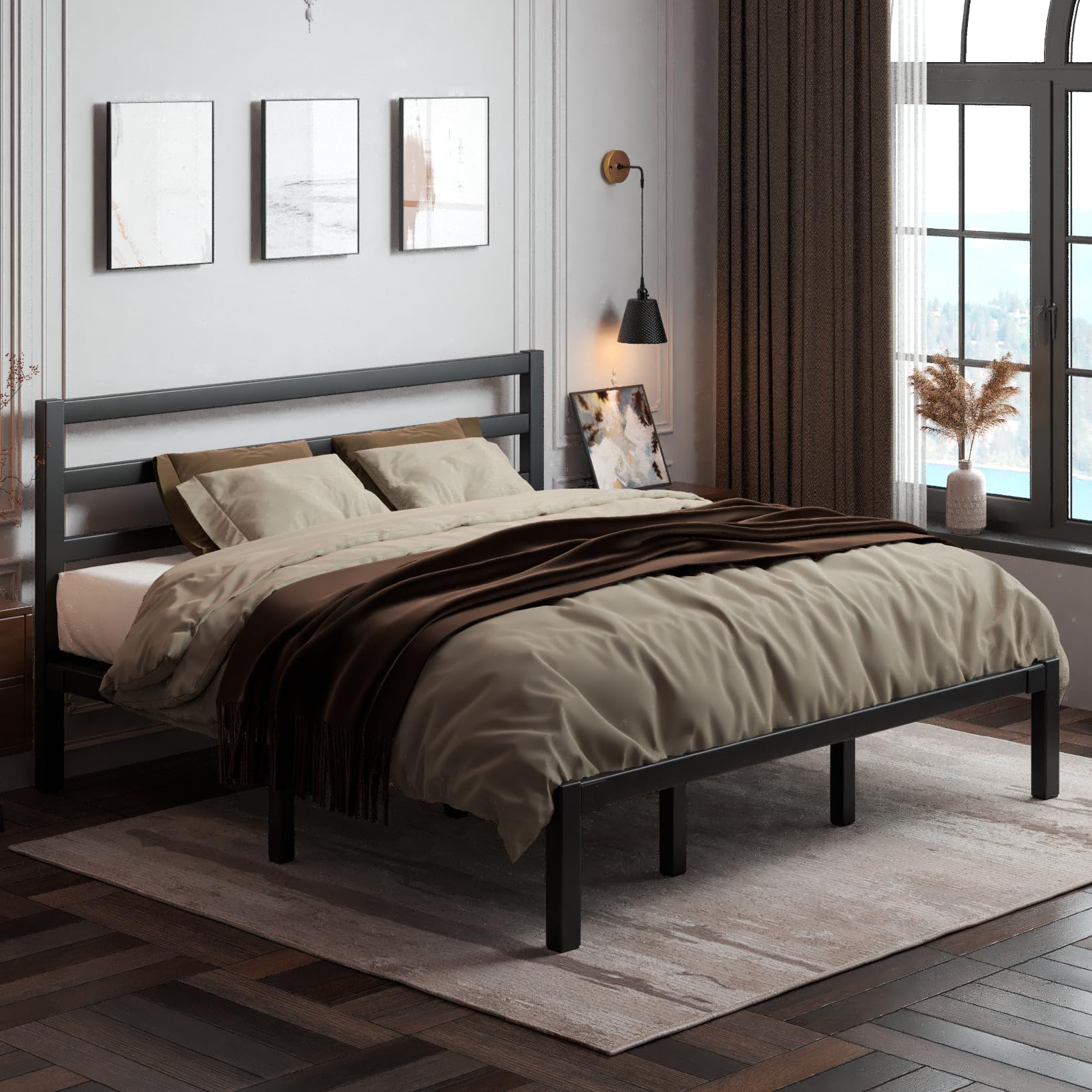 LoVinson King Size Bed Frame, Heavy Duty Platform Bed Frame with Strong Metal Foundation,Under Bed Storage,Mattress Foundation,No Box Spring Required,