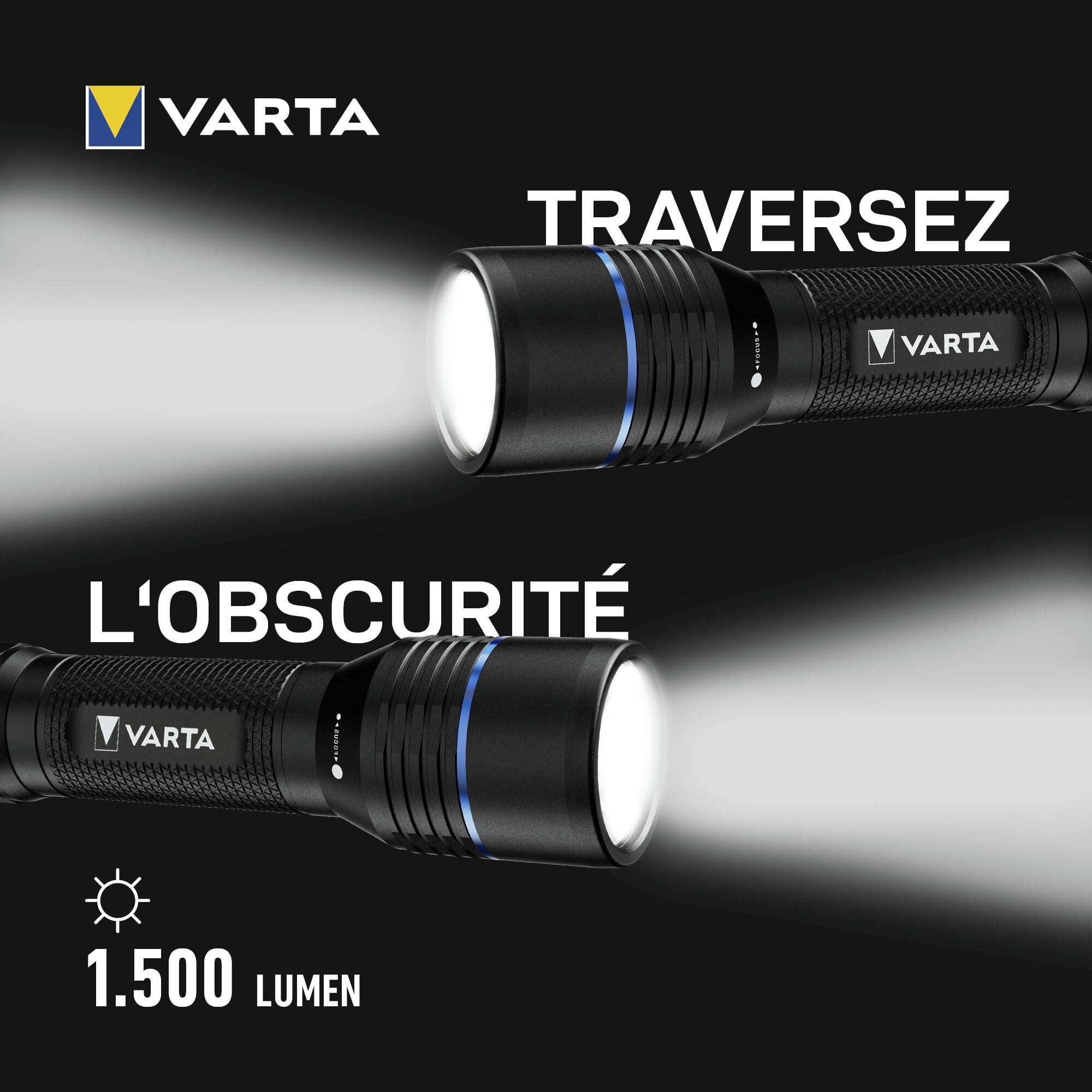 VARTA Lampe Torche LED rechargeable, Night Cutter Pro F30R, Lampe torche pour l'extérieur et la maison, 1500 lm, étanchéité IP67, aluminium aéronautique, mise au point précise, dragonne incluse