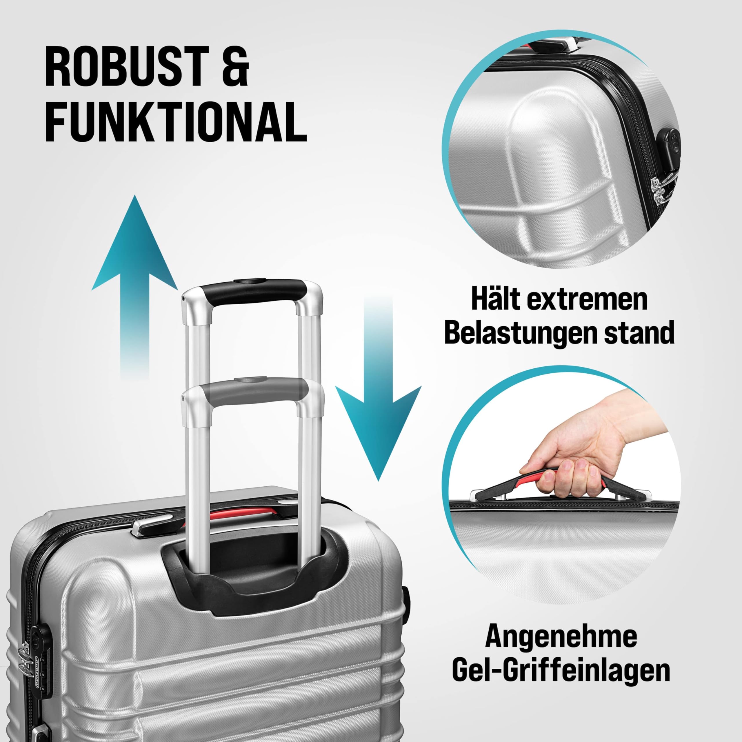 Monzana® 4tlg Kofferset Schloss Organizer Kofferwaage Gurt Gel-Griffe Zwillingsrollen Standfüße Trolley Reisekoffer Hartschale Koffer S-M-L-XL Silber