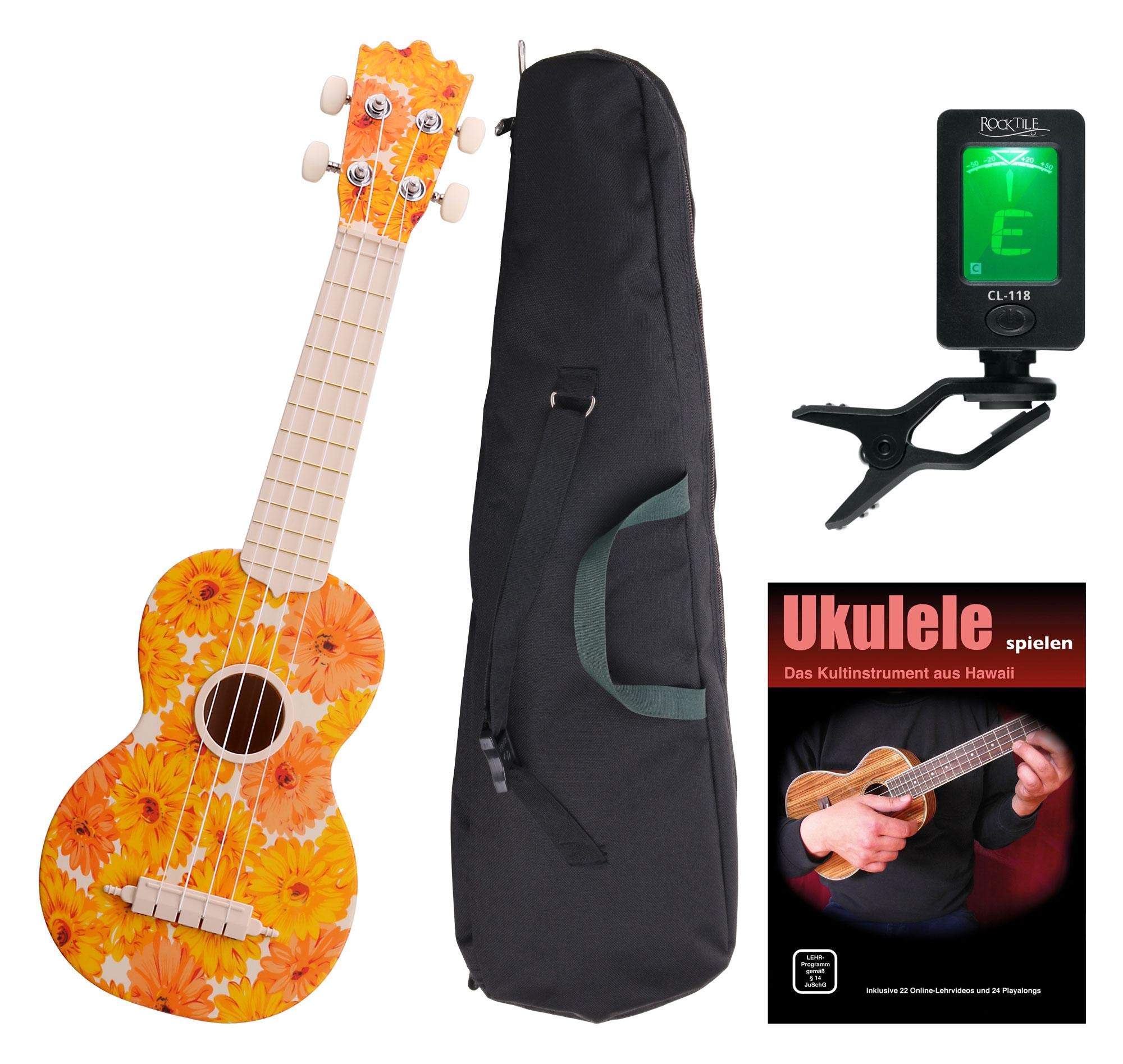 Classic Cantabile BeachBuddy Beachflower Set Ukulele incl. Accordatore | Classic Cantabile Sopran Ukulele, Resiste a umidità e sbalzi di temperatura, Scala sopranino, 12 tasti, Design originale