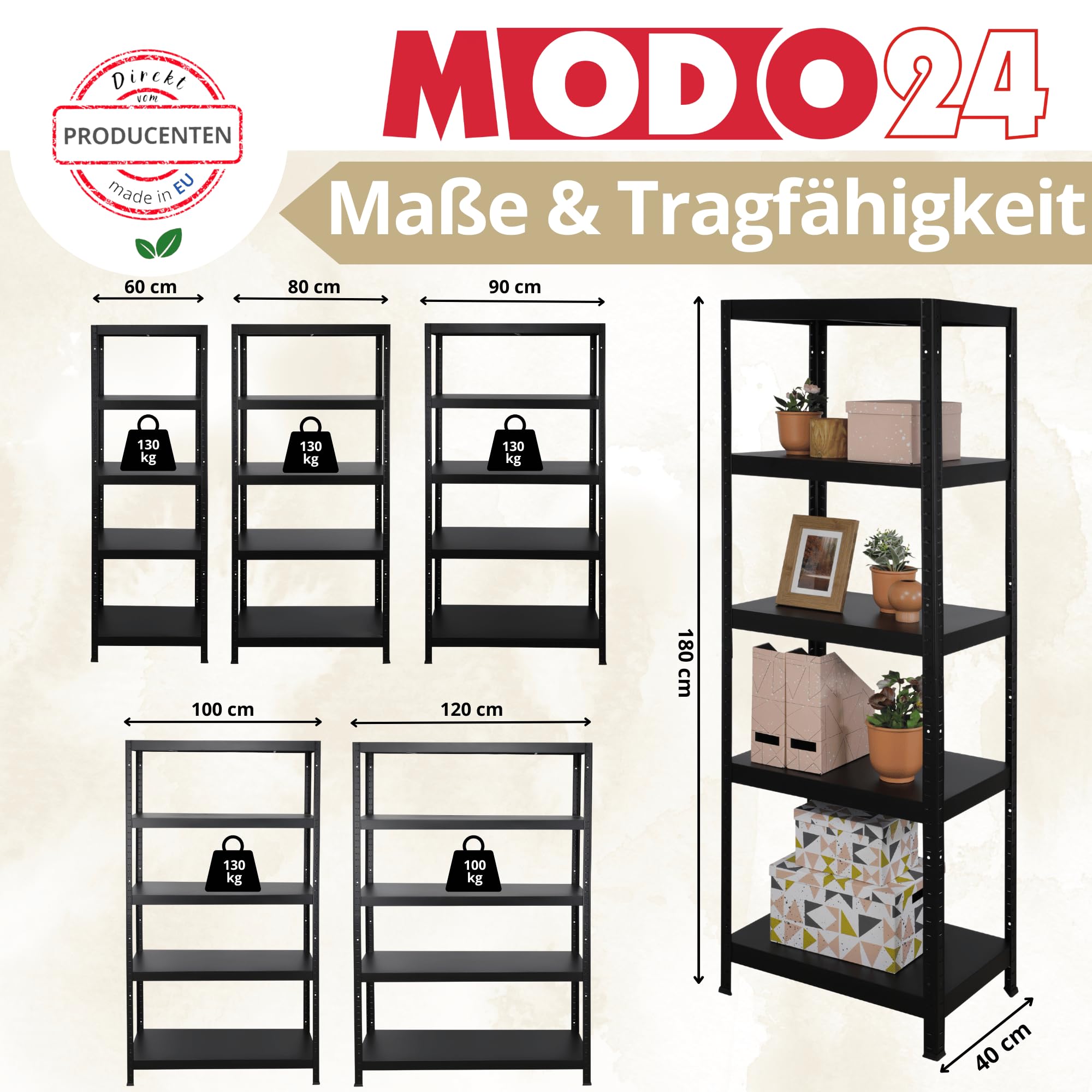 Schwerlastregal Metall Elara, 180x60x40 cm, Schwarz, 5 Böden je 130 kg Traglast, Lagerregal Stecksystem ohne Schrauben, Steckregal Werkstattregal Kellerregal Garagenregal für Lager Küche Büro