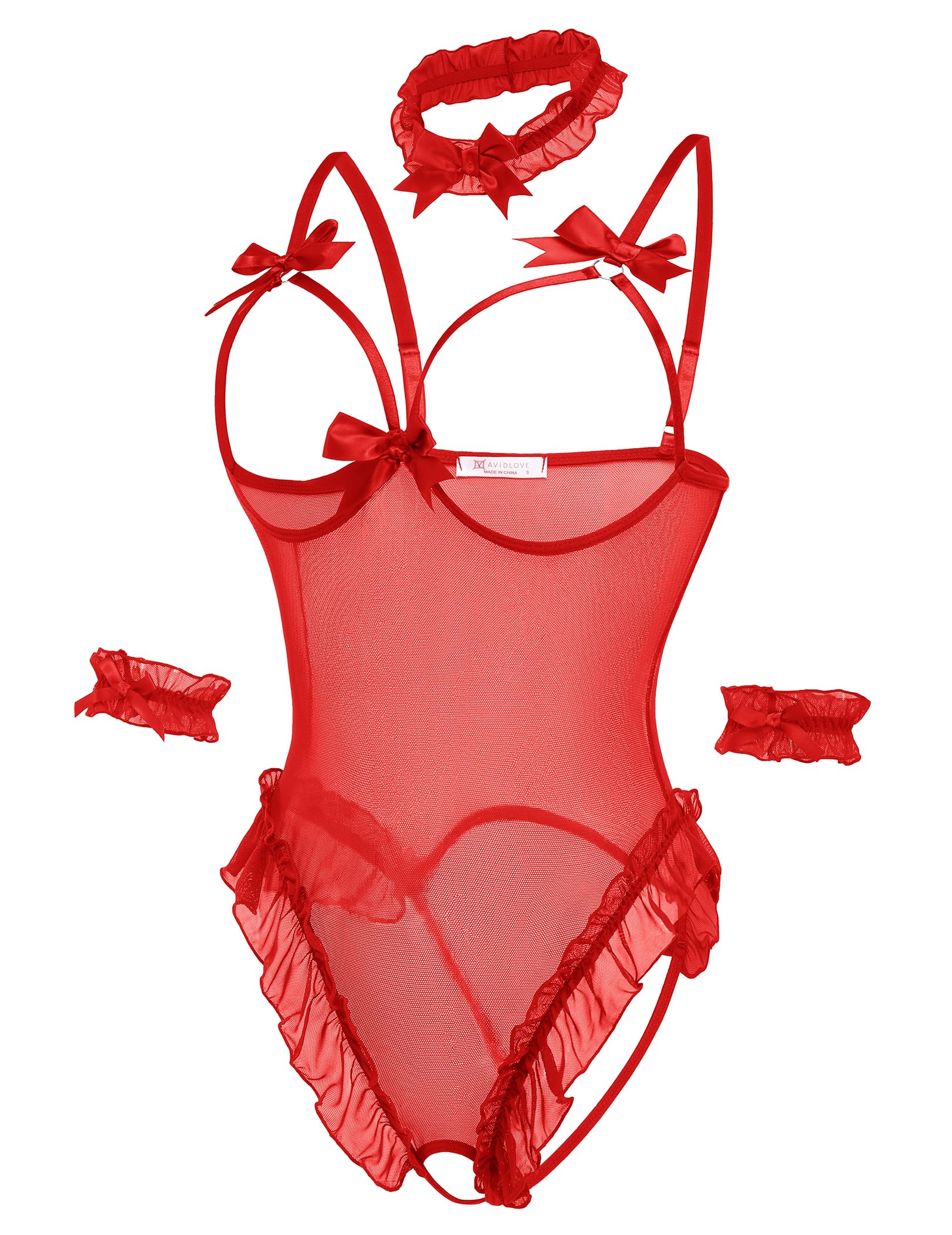 Avidlove Womens Lingerie Bodysuit 4 Piece Set Sheer Mesh Teddy Babydoll with Detachable Collar and Wrist Cuffs: Small Red