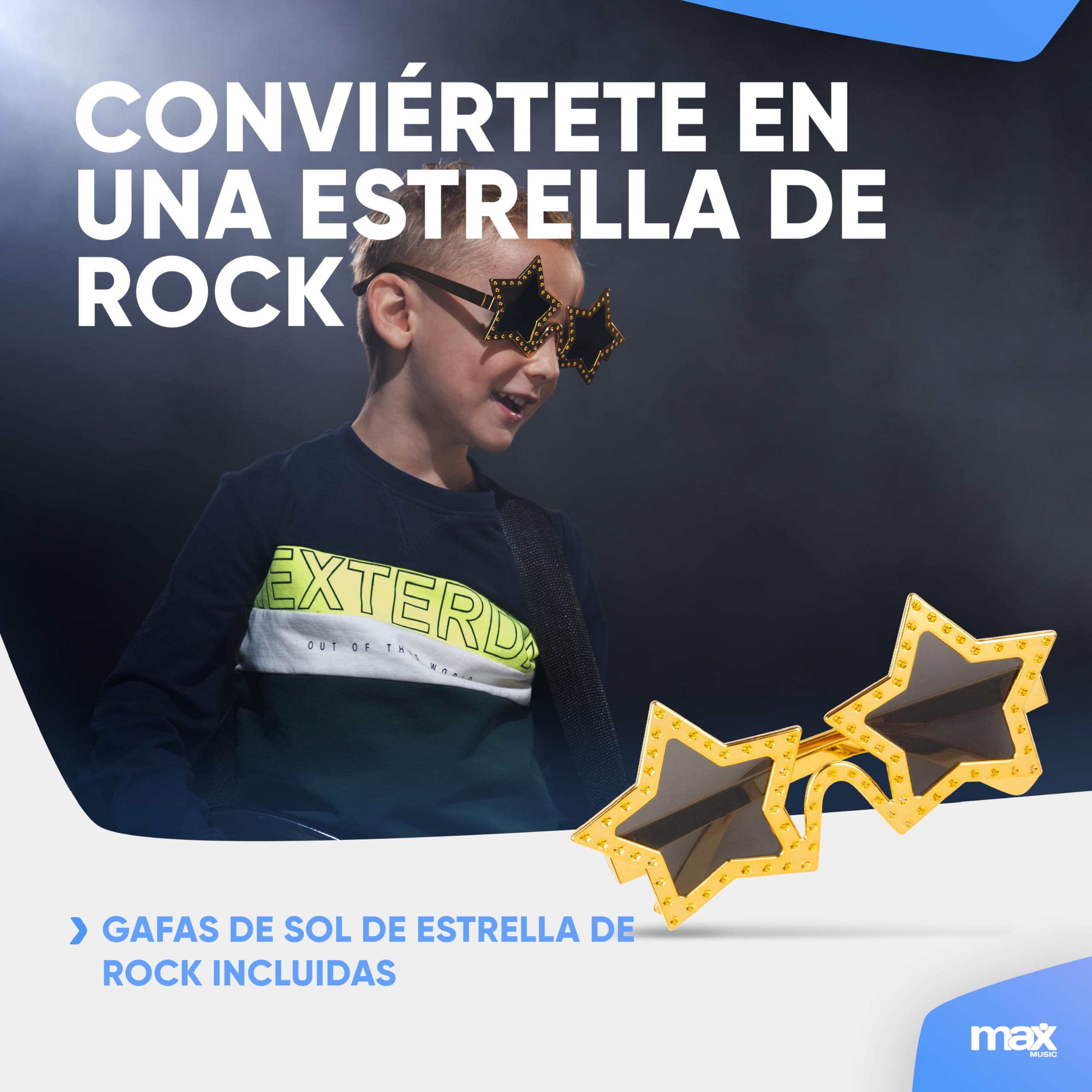 MAX GigKit Junior 1/4 - Guitarra eléctrica color rojo brillante | Tamaño 1/4 para usuarios de 3 a 7 años, amplificador de 10W incluido, incluye funda mochila, afinador y gafas Rock Star