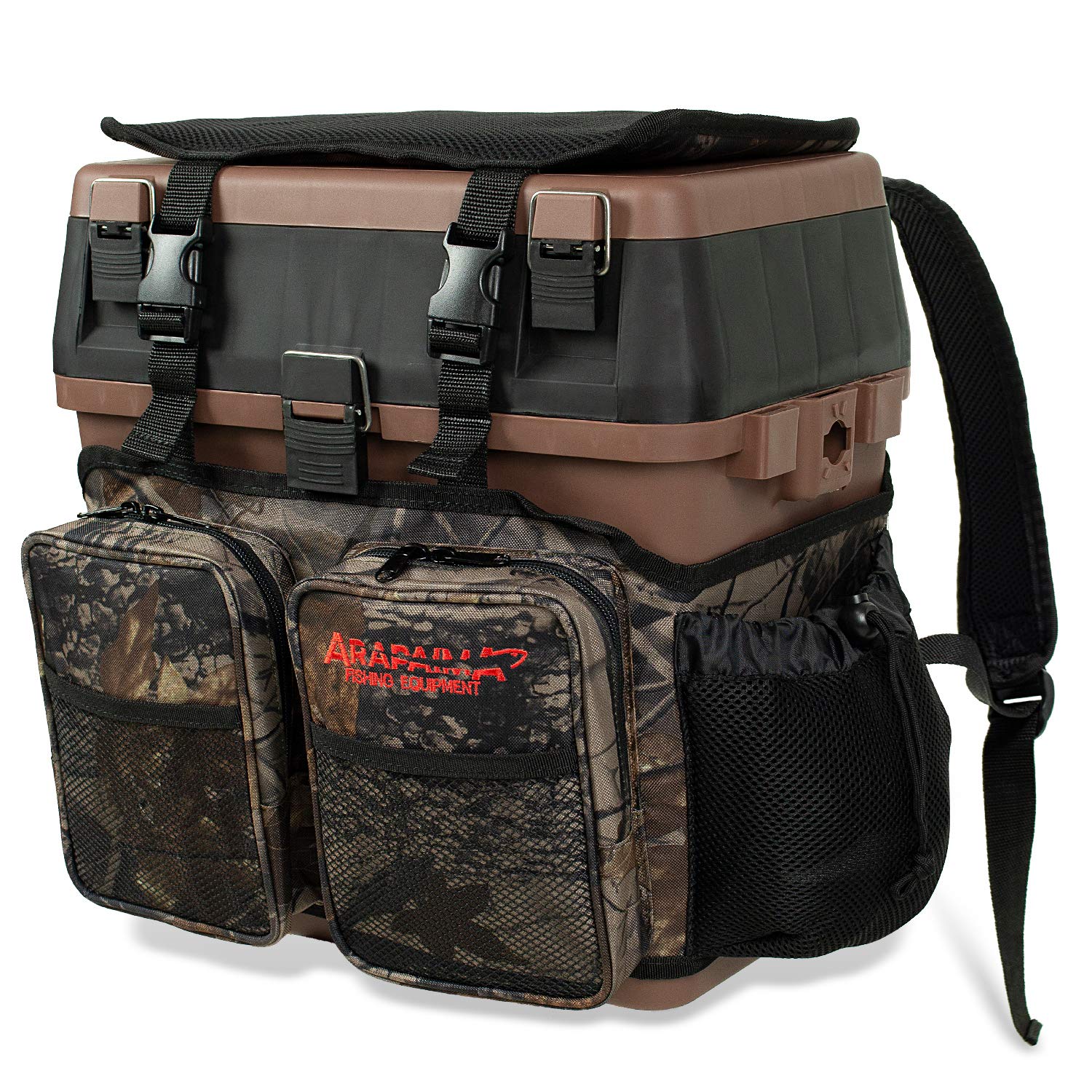 Sitzkiepe | Angelbox | Angelrucksack inkl. 4 Kunststoffboxen für Angelzubehör - Braun/Camouflage