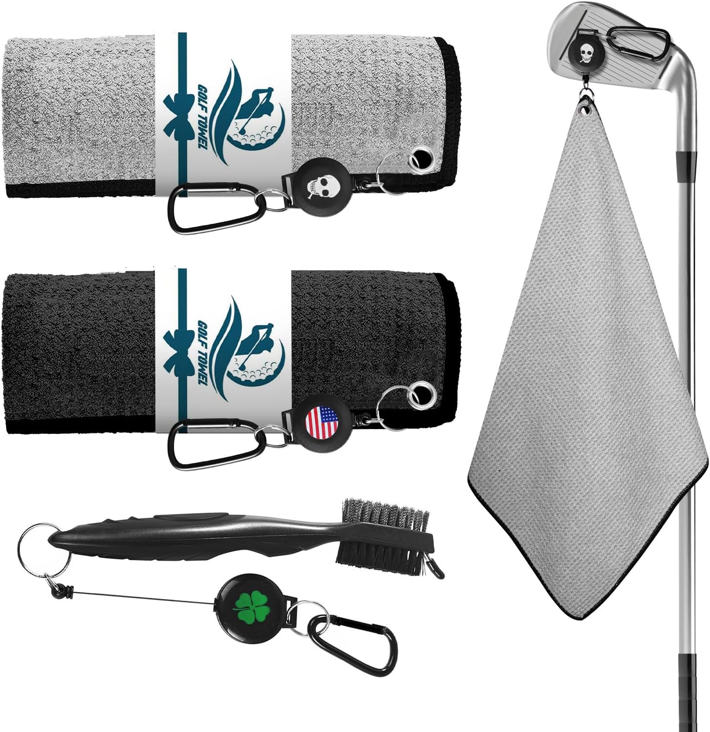 Amy Sport Golf Towels for Golf Bags for Women Men Value 2 Pack with 3 Strong Magnetic Retractable Carabiner and Black Brush, 16''X16'' Microfiber Waffle Pattern Towel Absorbent Set (Black&White)