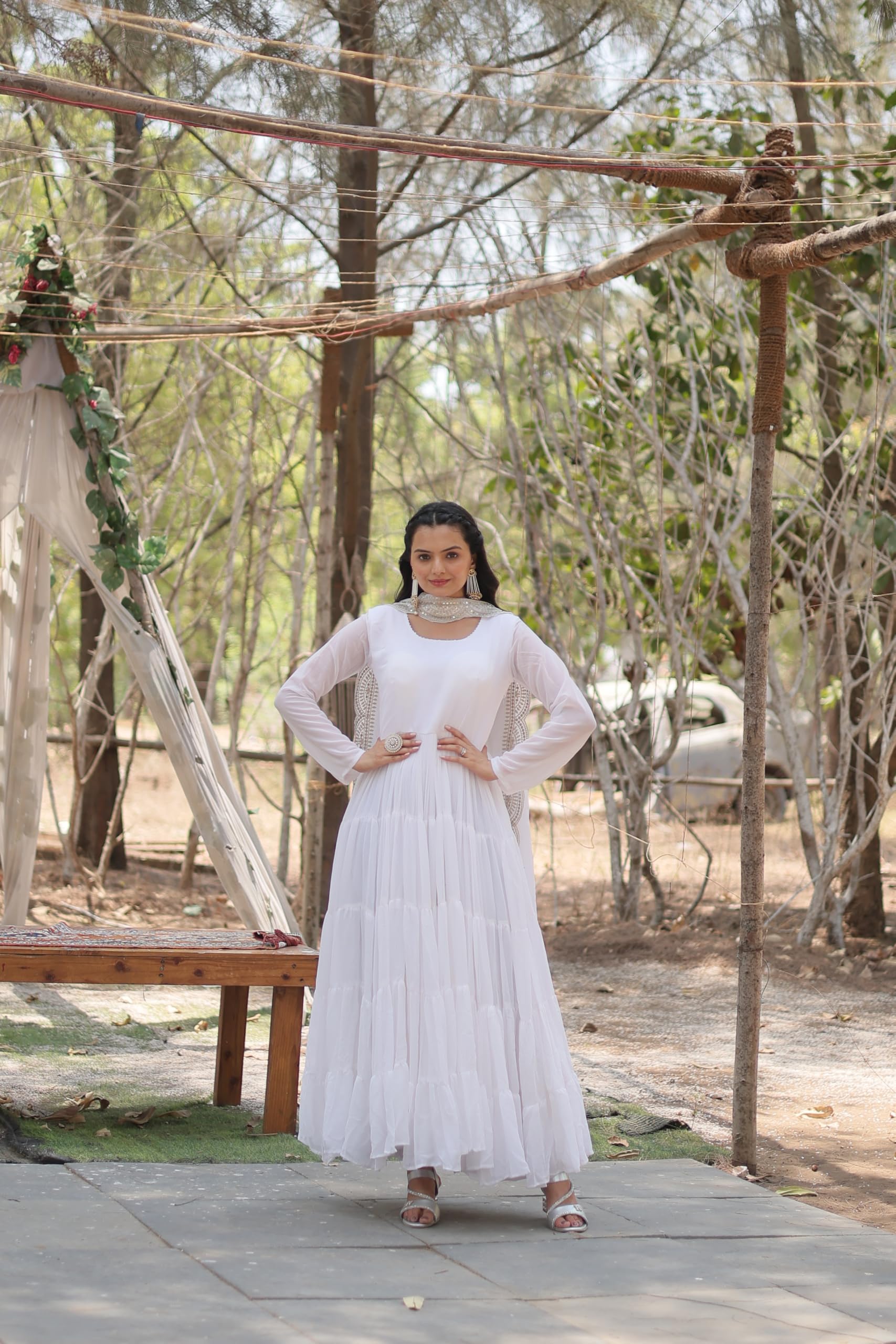Fashion Basket Women's Georgette Solid Anarkali Dress White