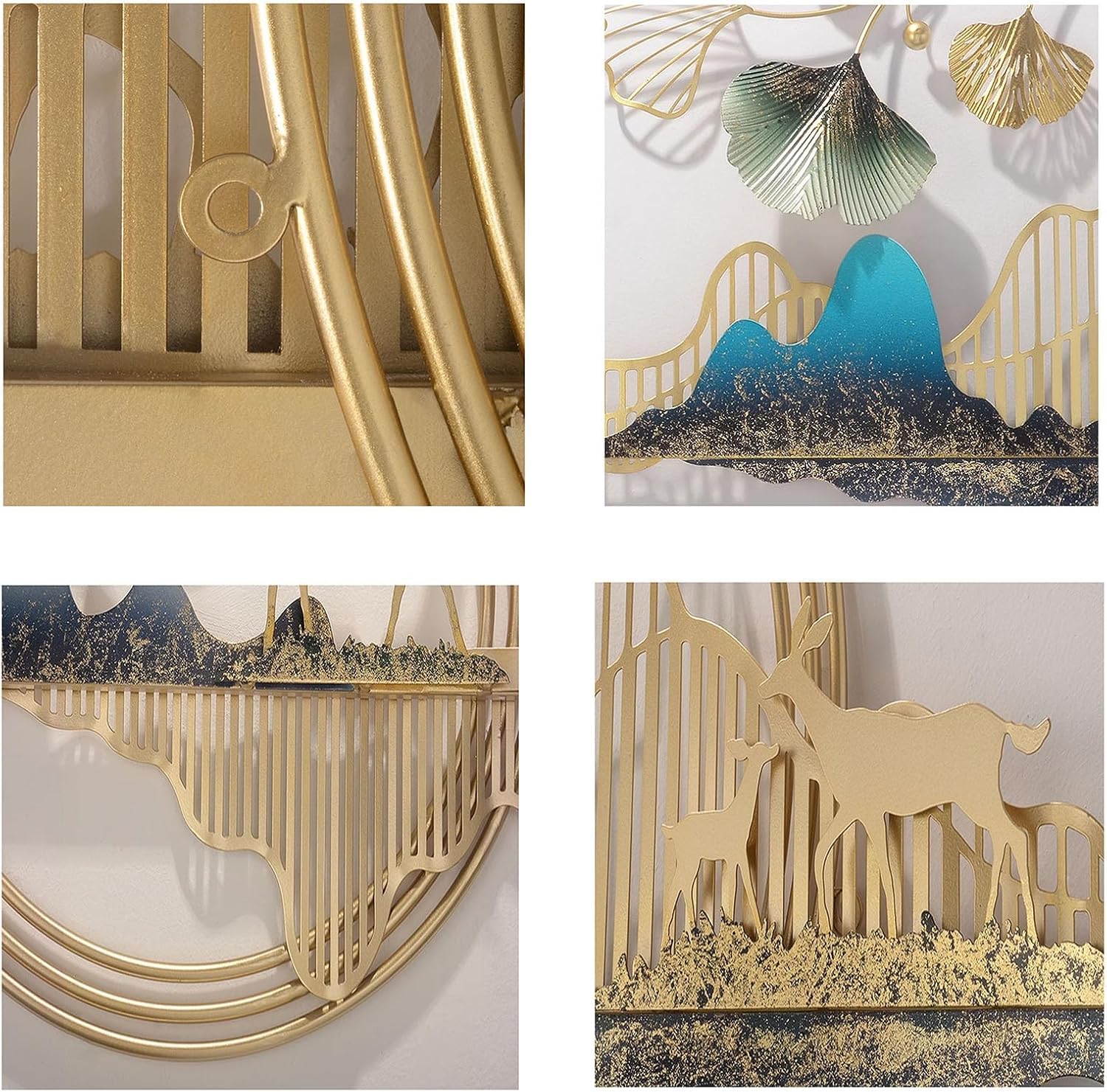 SanBouSi Liście miłorzębu 3D, dekoracja ścienna do salonu, Feng Shui, metalowe obrazy, duża, złota, idealna dekoracja, do salonu, sypialni, kuchni, 110 x 52 cm