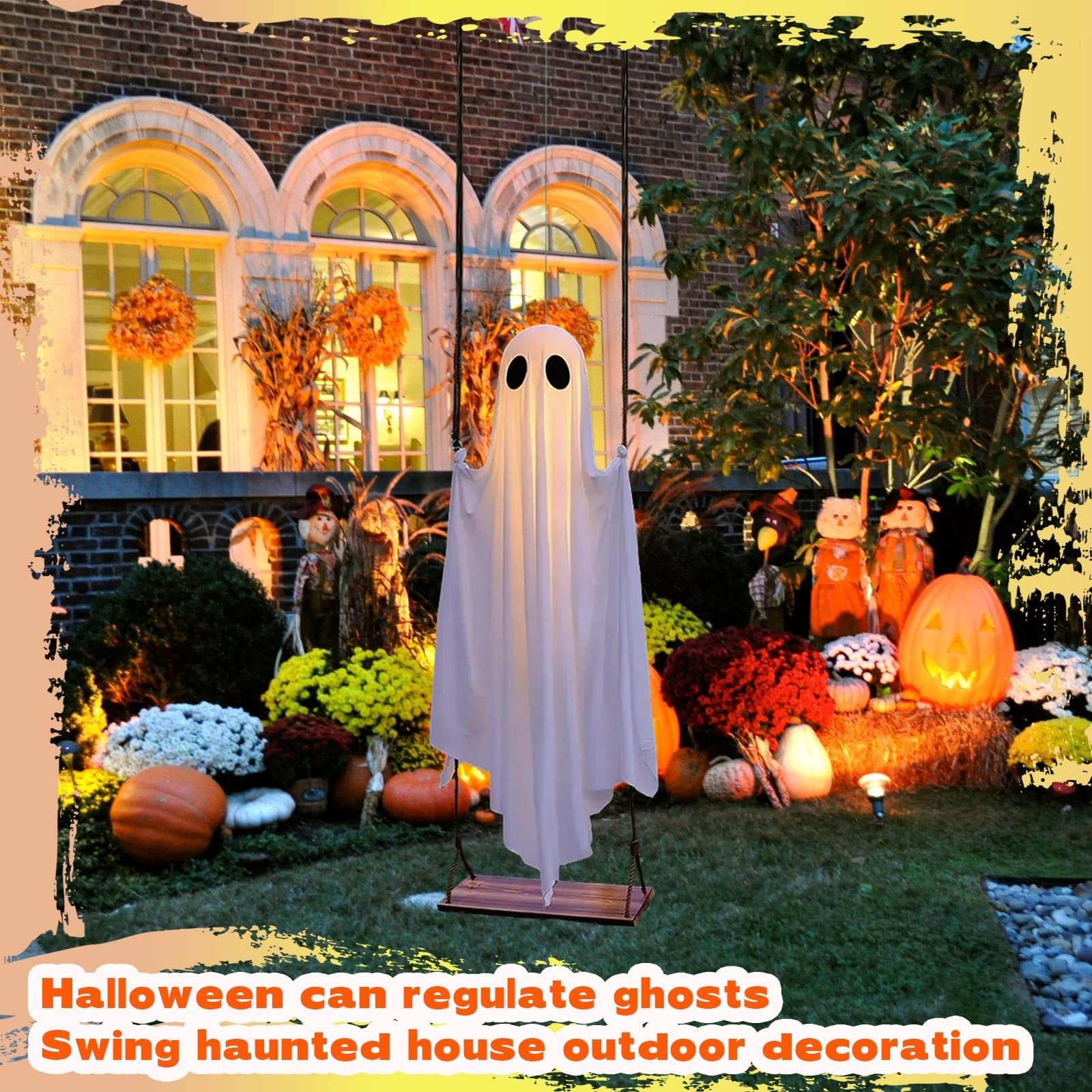 Halloween-Dekorationen für den Außenbereich – 1,5 m große hängende Schaukel mit Lichterkette – gruselige, niedliche Geister für Veranda, Hof, Baum (weiß)