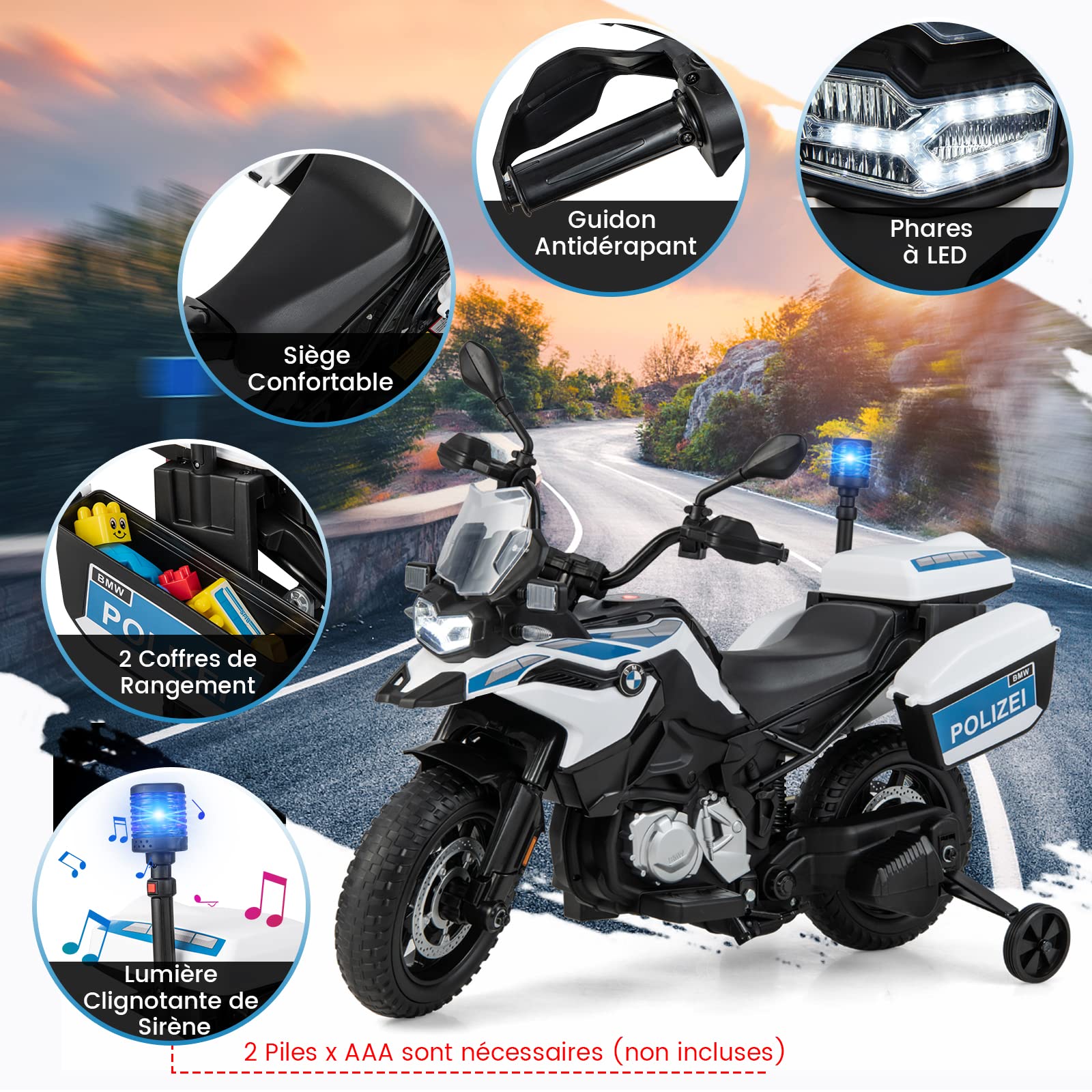 COSTWAY Moto Électrique pour Enfants 12V 6km/h avec 2 Roues Détachables, Moto Police avec 2 Coffre à Jouets, Musique, USB, Klaxon, Sirène, pour Enfant 3 à 8 Ans, 110x63x82,5cm (Blanc)