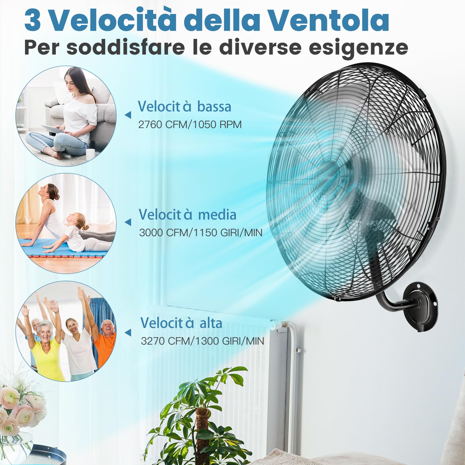 GYMAX Ventilatore da Parete con 3 Pale, Diametro 56 cm, 3 Livelli di Velocità, Kit Fissaggio Incluso, Grande e Potente, 120 W (Nero)
