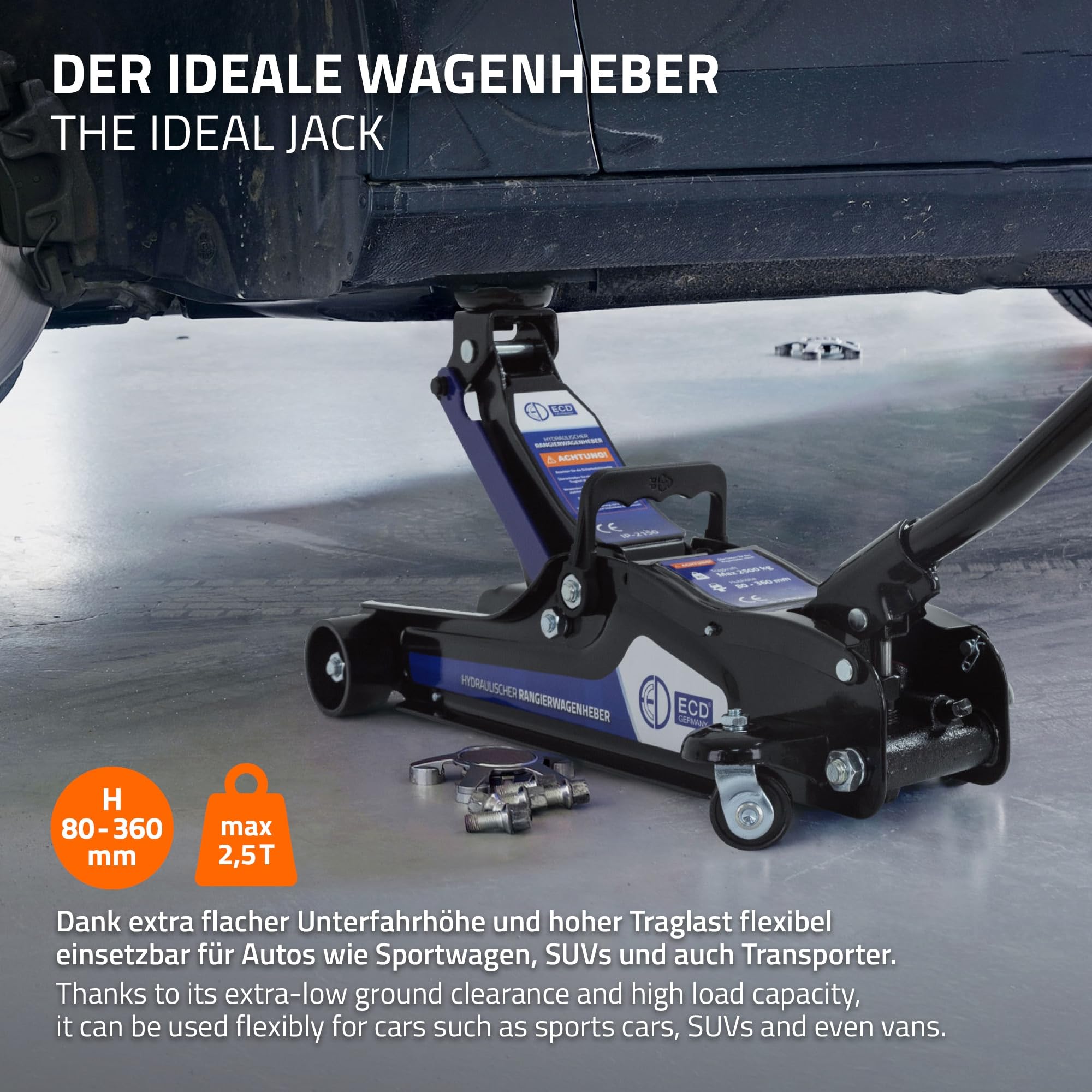 ECD Germany Gato Hirdráulico de Coche 2,5T, Altura de Elevación 80-360 mm, 2X Almohadilla de Goma + 1x Adaptador SUV, Levantador Negro con Rodillo 360° Ergónomico, Fácil de Usar