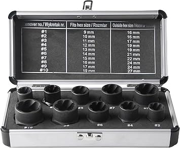 10-PC Impact Nut Extractor Set - Professional Grade Bolt Remover Tool Kit for Damaged/Rusted/Rounded Bolts & Screws, Heat-Treated S2 Steel with Aluminum Case Black