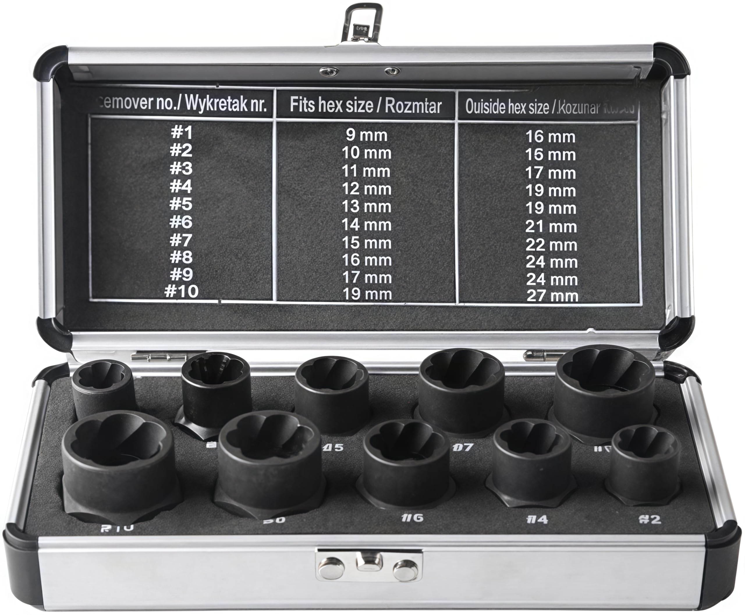 10-PC Impact Nut Extractor Set - Professional Grade Bolt Remover Tool Kit for Damaged/Rusted/Rounded Bolts & Screws, Heat-Treated S2 Steel with Aluminum Case (Black)