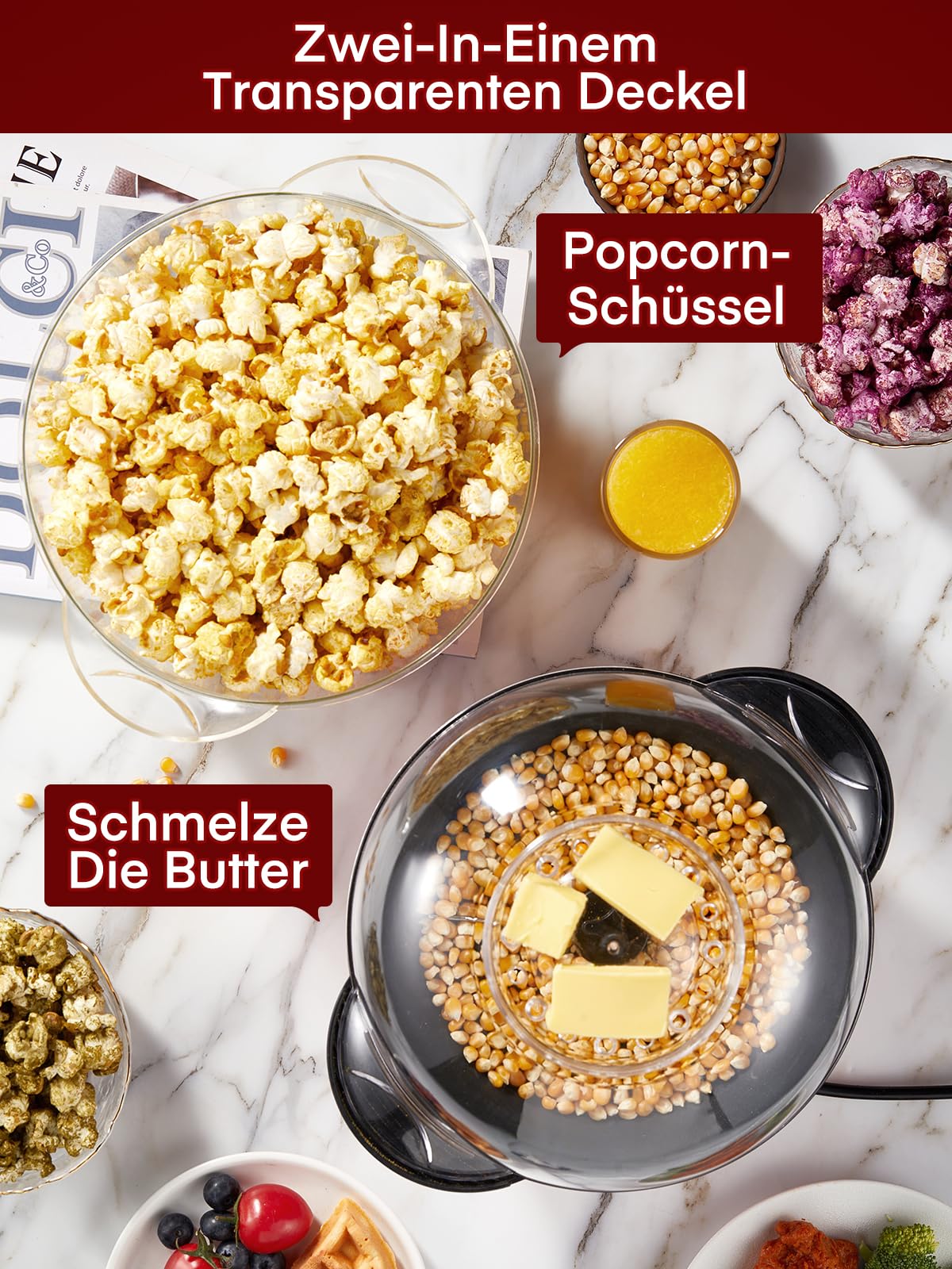 FOHERE Popcornmaschine, 3.5L Popcorn Maker für Zuhause, Elektrische Rühr Popcorn Popper mit Zucker & Öl, Antihaftbeschichtung, Stille und Schnelle, Für Filmabende,Heiligabend