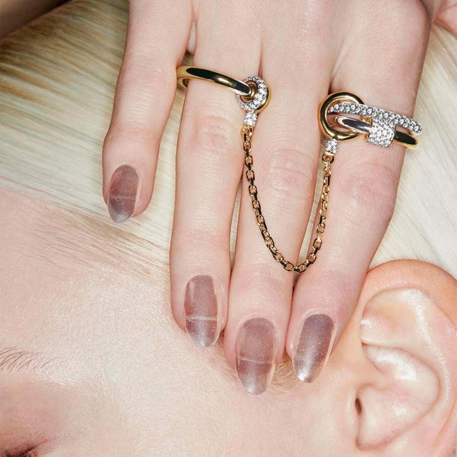 Gold Stackable Rings for Women, 14k Gold Plated Linked Chain Ring Set, Statement Cubic Zirconia Interlocking Rings, Silver & Gold Mixed Metals Chunky Stack Rings - Image 5