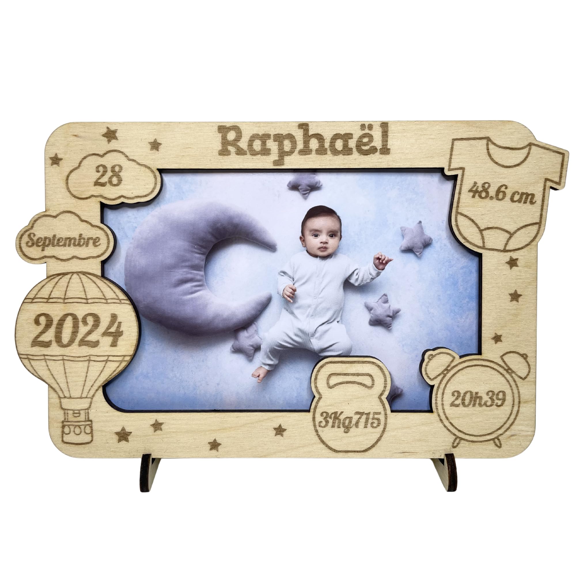 Cadre Photo naissance en Bois Personnalisable montgolfière - Souvenir de la naissance de Bébé – idée cadeau de naissance personnalisé pour maman, papa, mamie, papy – décoration chambre bébé, séjour