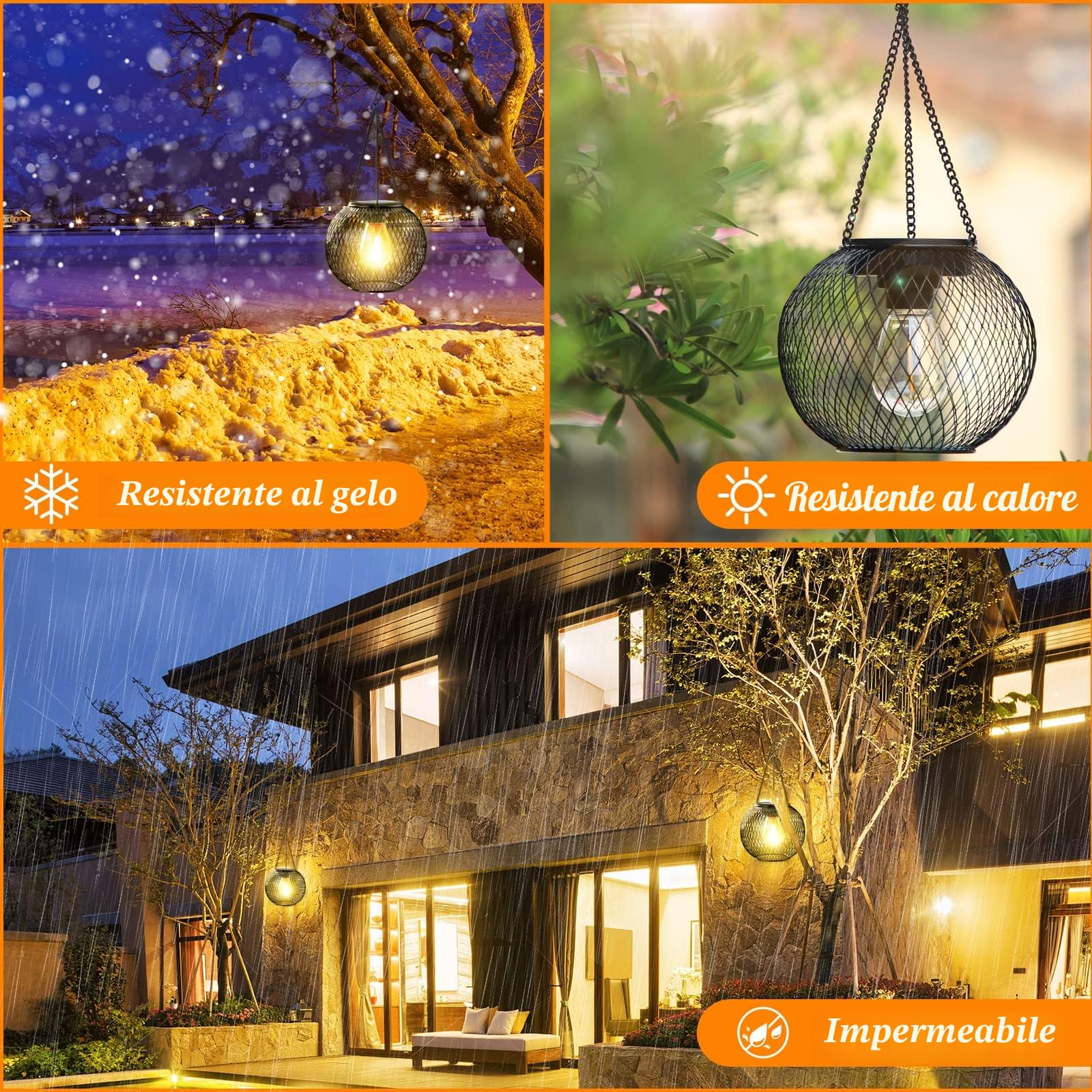 Lampade solari da appendere per esterni, 4 pezzi, lanterna solare in metallo con lampadina retrò a filamento di tungsteno, IP65, decorazione da giardino, resistente alle intemperie, luci