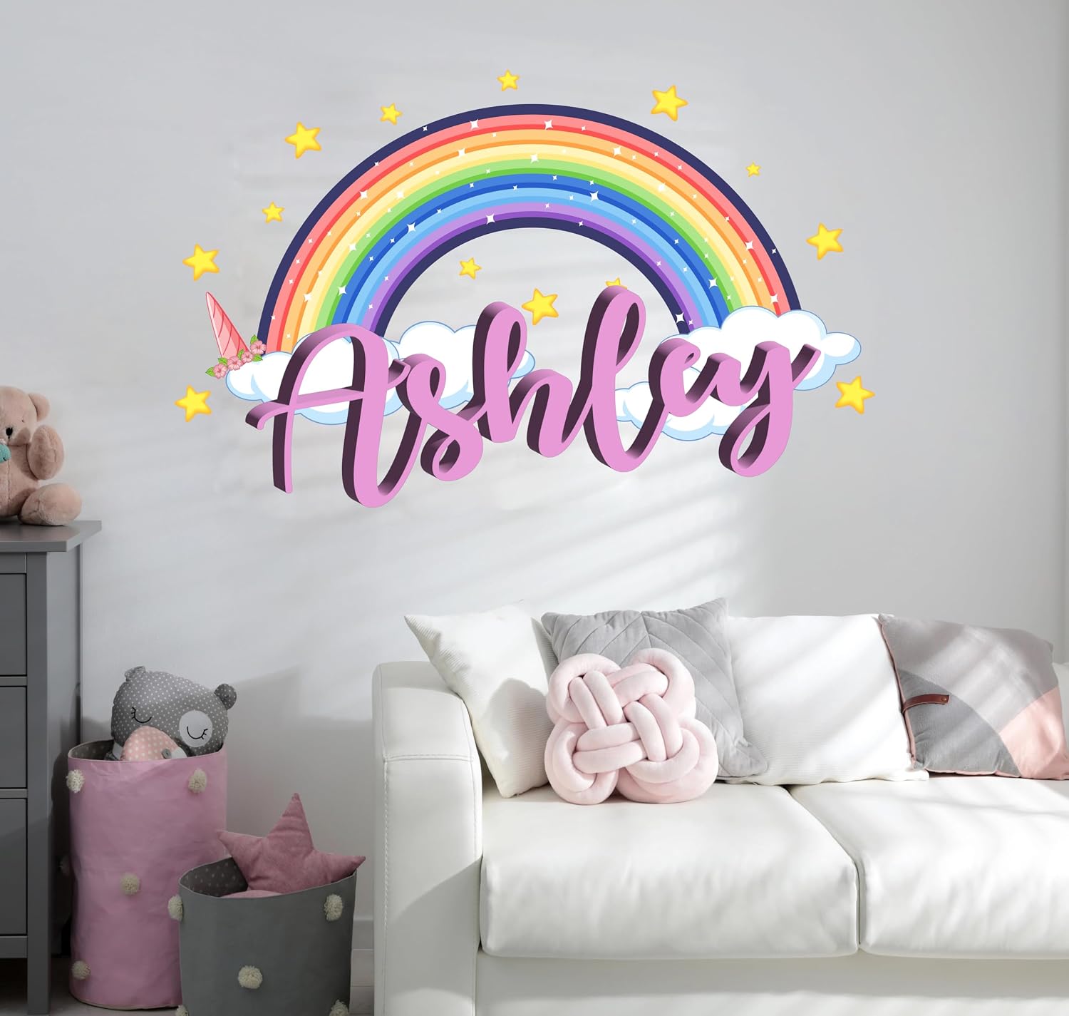 Custom Name Rainbow Wall Decal for Girls - Personalized Name Stars Clouds Sticker - Rainbow Wall Decal - Cute Unicorn Sticker for Kids Decor- Removable Vinyl for Nursery Decor (Tiny Wide 8"x5" Height) image 4