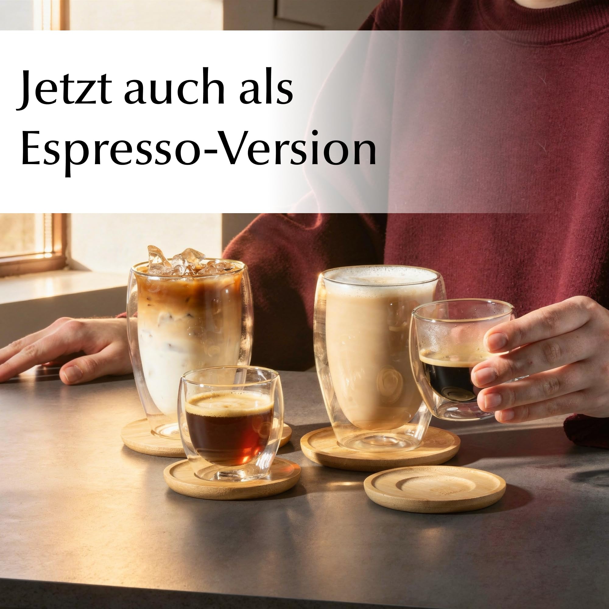 MIAMIO - Latte Macchiato Tassen/Doppelwandige Gläser Set 6er (350 ml) | Kaffeetassen ohne Henkel aus Glas, Thermogläser für Latte Macchiato, Tassen Set mit Untersetzern - spülmaschinenfest