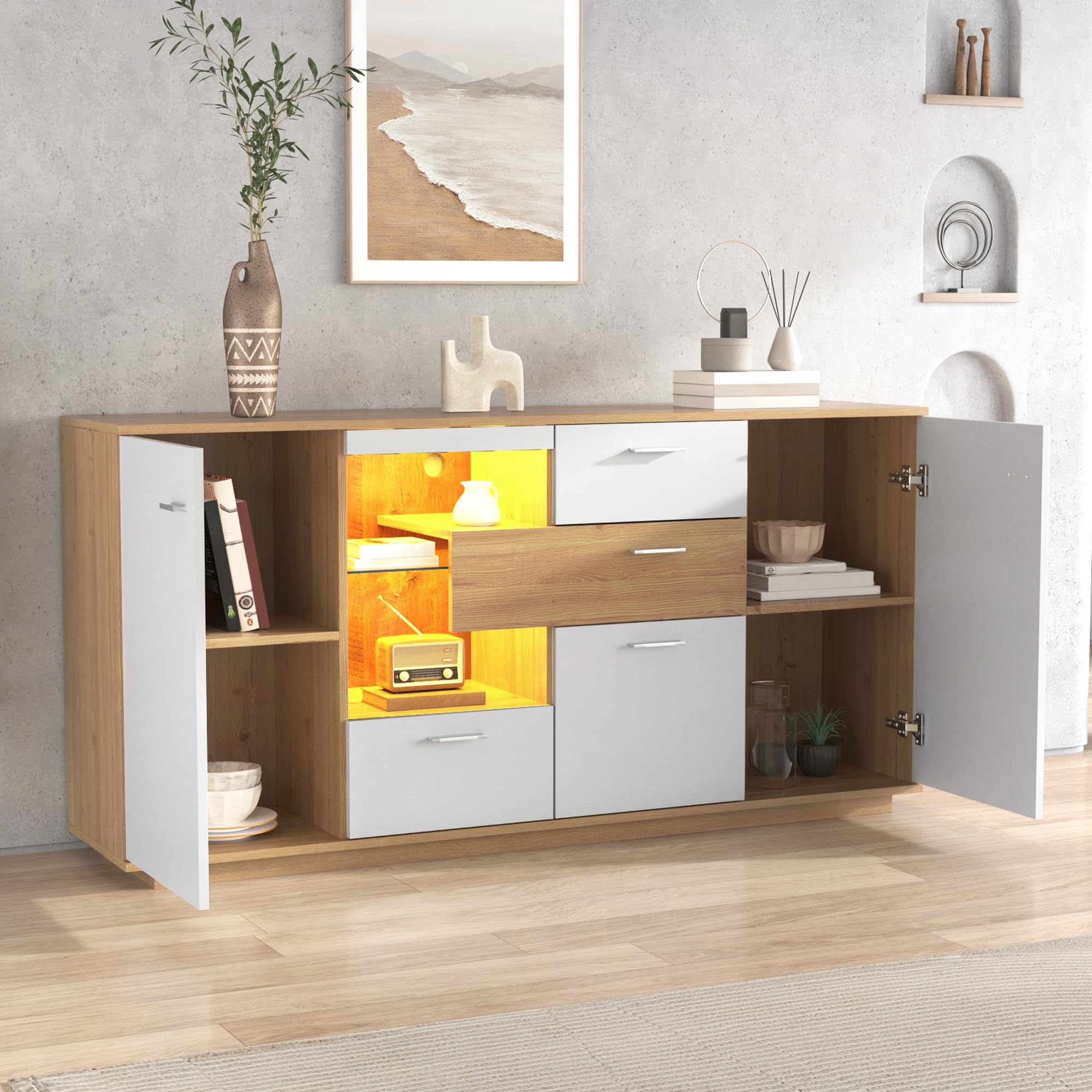 LAKFEW Aparadores para Salon con LED y Estante de Cristal, Aparador Salon con 4 Cajones y 2 Puertas, Aparador Entrada, Muebles de Salon Mueble Auxiliar Salón, 160x40x77 cm, Color Madera+Blanco