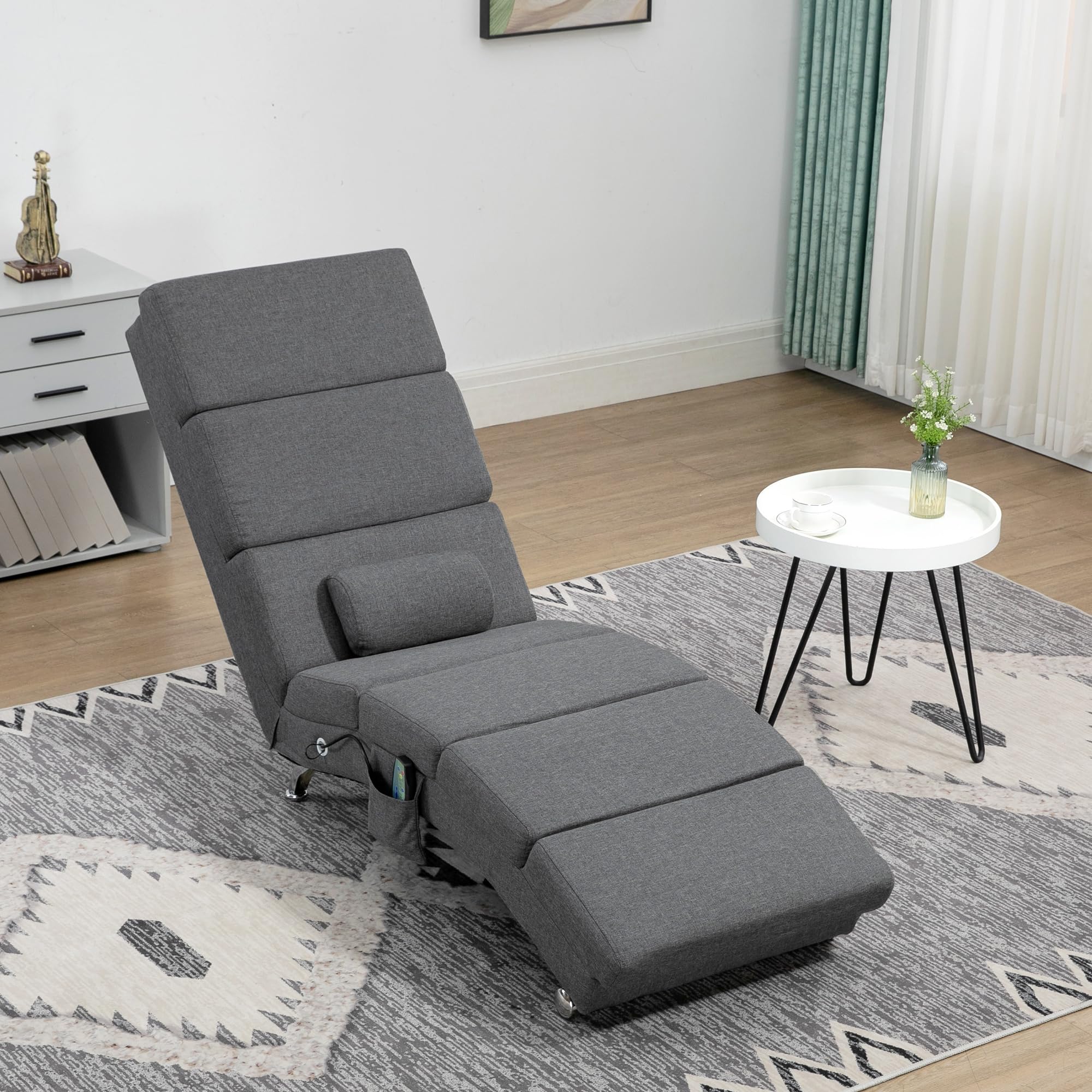 HOMCOM Poltrona Relax Massaggiante con 8 Punti Vibranti e Riscaldamento, 5 Modalità e 3 Timer, Chaise Longue Ergonomica in Tessuto Effetto Lino con Telecomando, Grigio