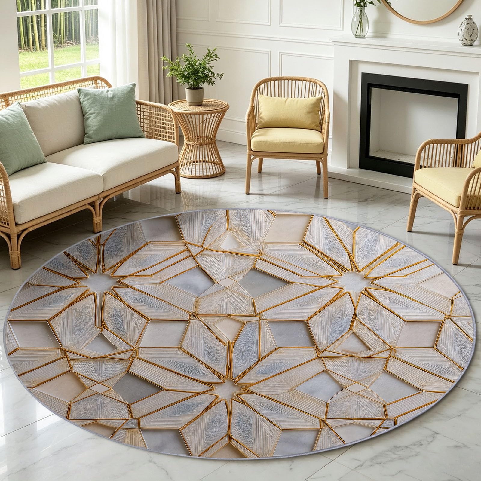 Tappeto rotondo lavabile, 60 cm / 2ft, moderno, leggero, di lusso, morbido, rotondo, stampato, geometria, a pelo corto, antiscivolo, per ingresso, soggiorno, camera da letto, accanto al divano e