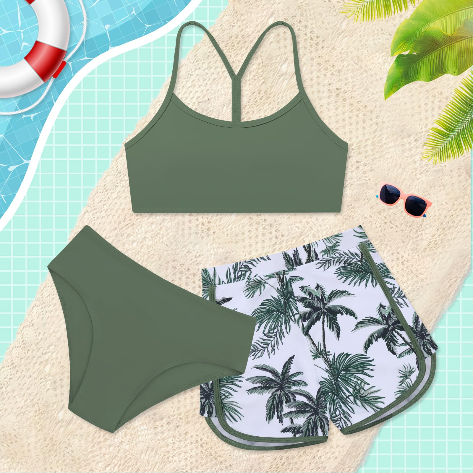 3-teiliger Mädchen-Badeanzug, einfarbig, Bikini-Set mit bedruckten Sport-Shorts, Bademode für 9–16 Jahre Teenager-Mädchen