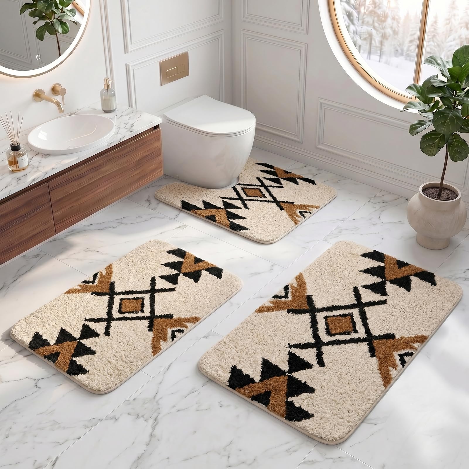 Britimes Badteppich, flauschig, Mikrofaser, rutschfest, U-förmig, wasserfest, weich, saugfähig, waschbar, für Badewanne, Dusche, Waschküche, Beige, Boho, 3-teilig