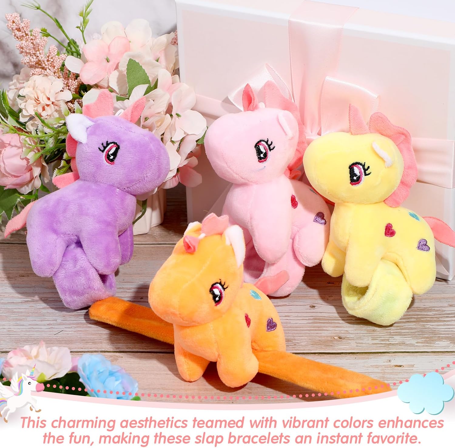 12 Pcs Unicorn Slap Bracelets Plush Animal Bracelets Bulk 8 Inch Furry Slap Band Stuffed Animals for Boys Girls Unicorn Party Favors Birthday Gifts