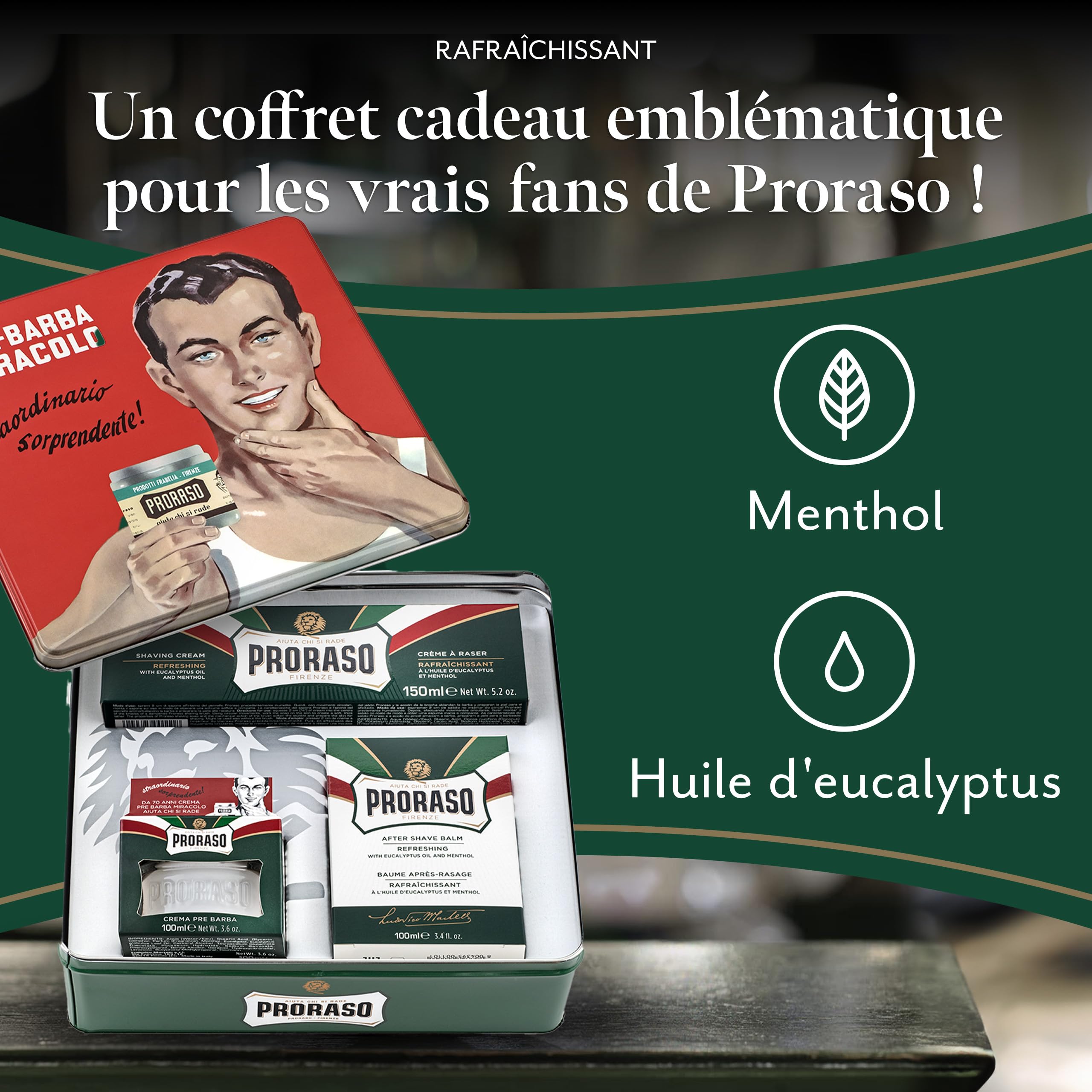 Proraso Coffret Cadeau Vintage « Gino », Kit de Rasage (3p) avec Crème Avant-Rasage, Crème à Raser & Baume Après-Rasage, Huile d'Eucalyptus & Menthol