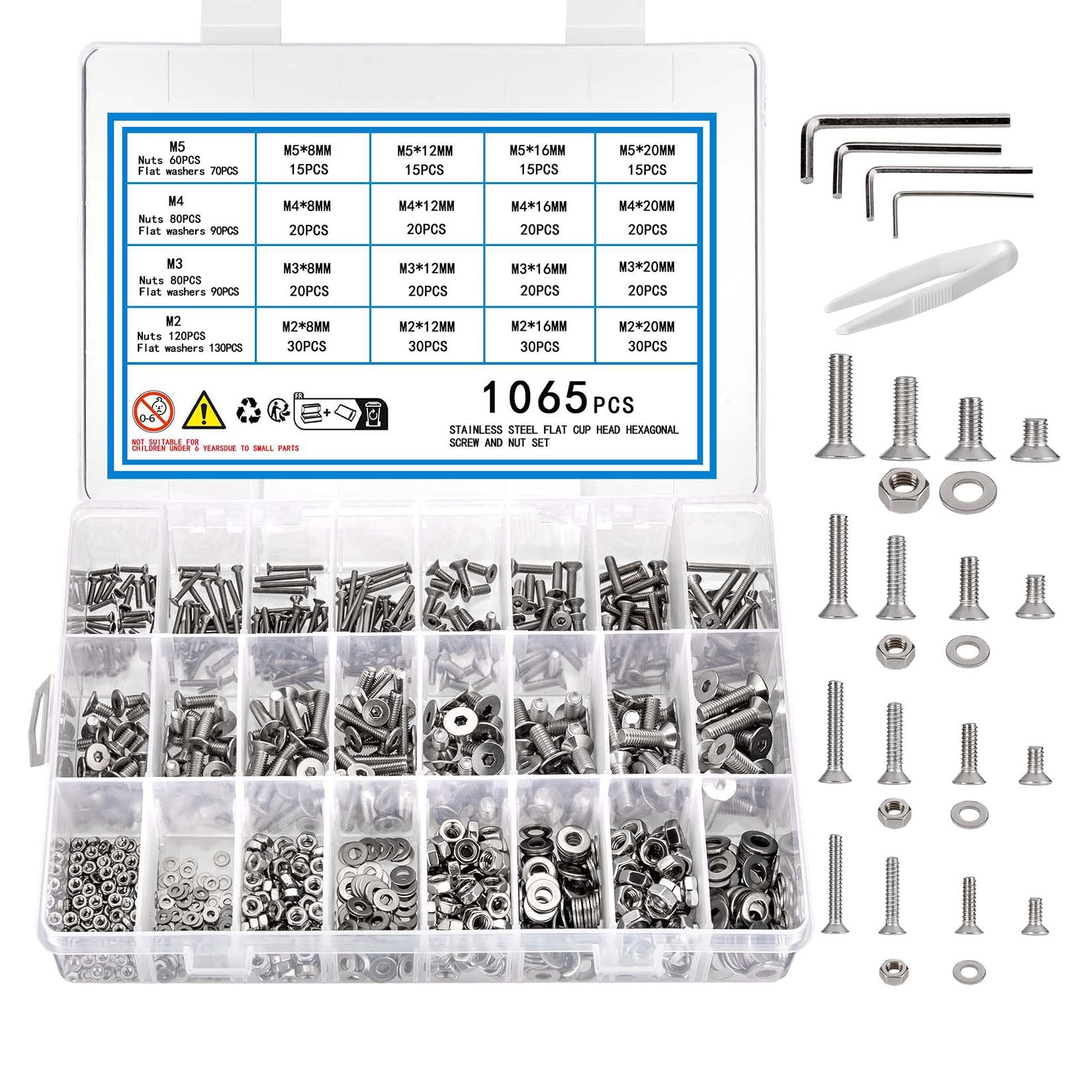 KOXXIAMOQ 1065 Pcs M2 M3 M4 M5 Countersunk Hex Socket Cap Head Machine Screws Bolts and Nuts and Washers Set