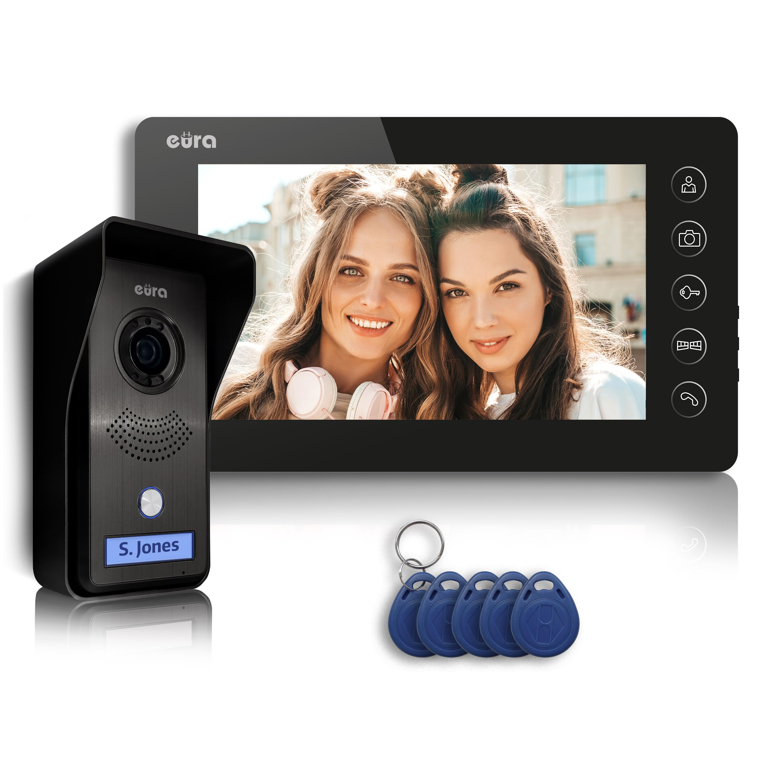 Interphone vidéo Eura VDP-76A3 Alpha interphone 4 fils, moniteur couleur 7 pouces, RFID, mémoire d'images, 2 entrées, Noir