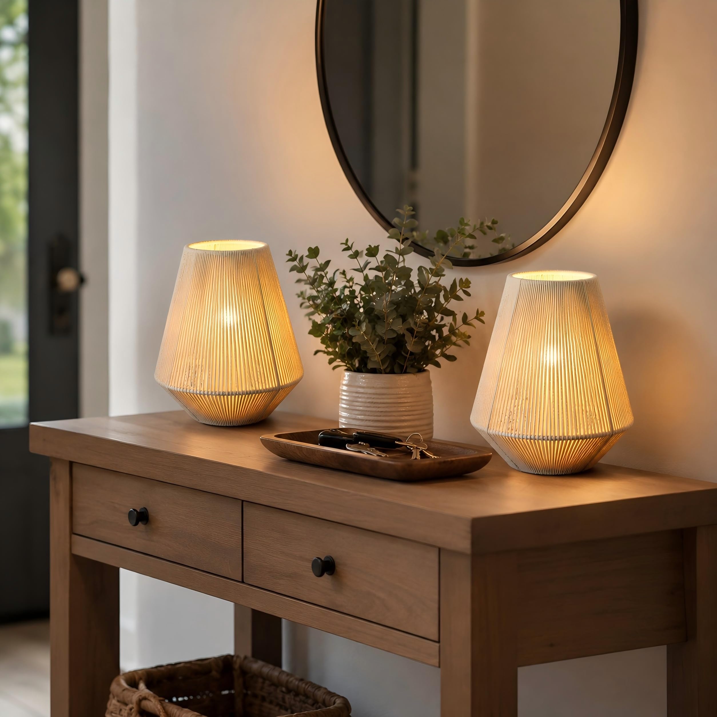 JHY DESIGN Set di 2 lampade da tavolo con paralume in tessuto, altezza 21 cm, corda di cotone, luci da comodino, senza fili, decorative, a batteria, con timer di 6 ore, per camera da letto, soggiorno