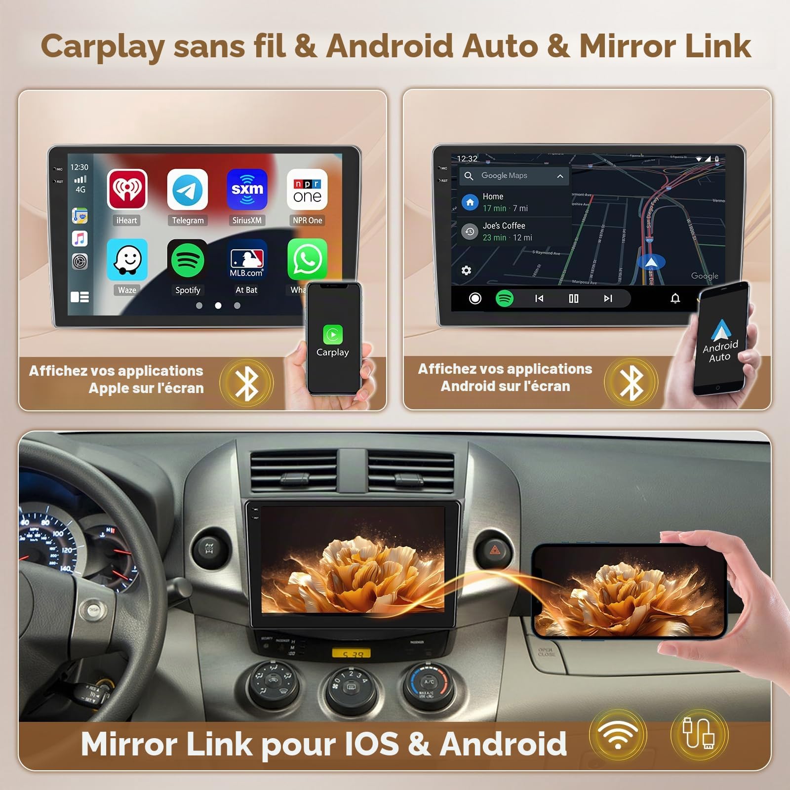 Hikity 4G+64G Android 15 Autoradio 9" pour Toyota RAV4 CarPlay
