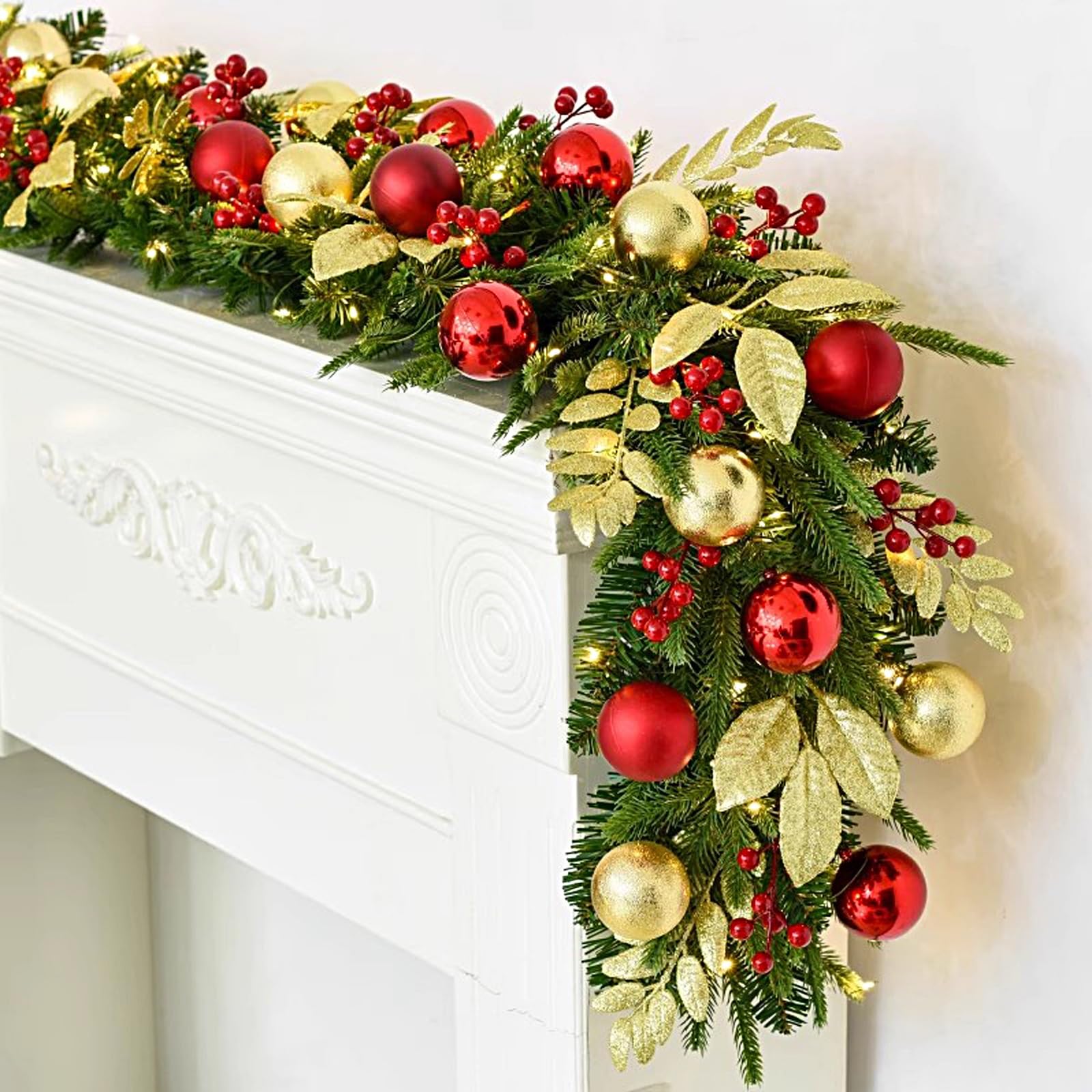 2,7 m Christmas Garland, Decoracion Navidad, Guirnaldas de Navidad, para Repisas, Escaleras, Decoración Al Aire Libre(Gold)