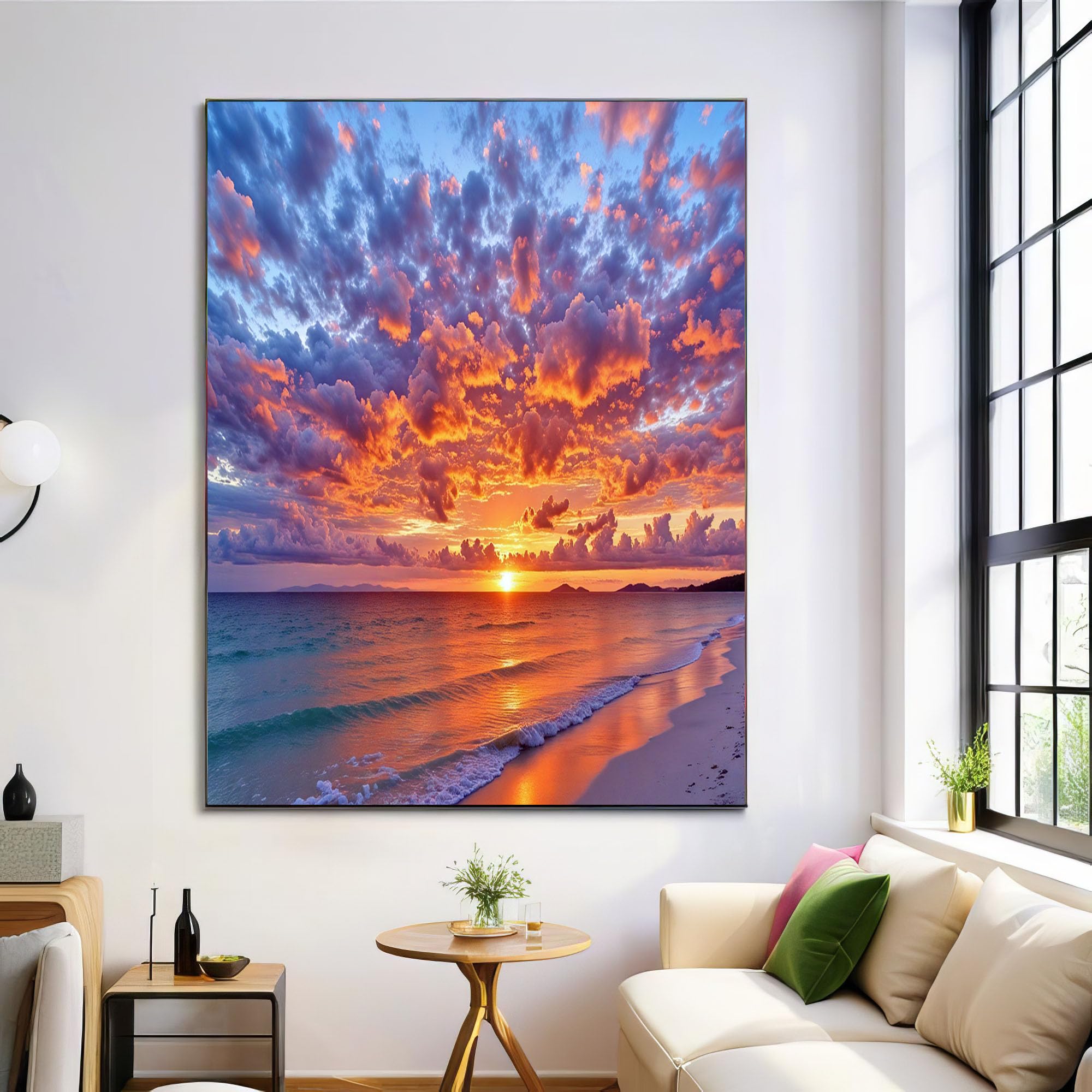 Cuadro de playa al atardecer para transformar tu dormitorio con tonos naranja y púrpura de 70x100 8