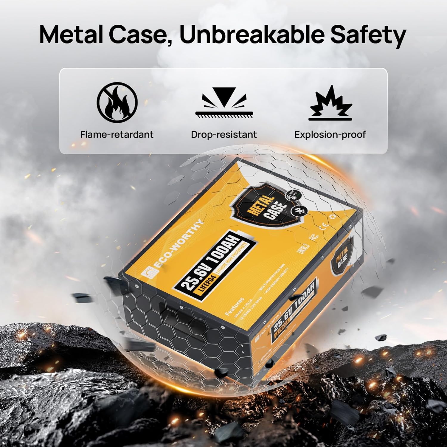 ECO-WORTHY 24V 100Ah Metal Case LiFePO4 Lithium Battery with key features highlighted