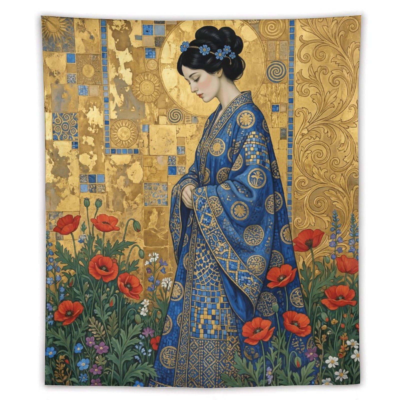 W7C8U2X3 Blue Golden Mosaic Woman Wall Tapestry, Mosaic Style, Entryway