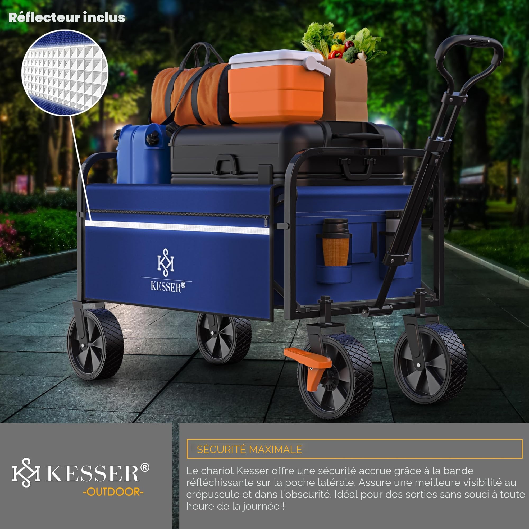 KESSER® - Chariot de transport pliable - Avec 2 poches en filet - Pliable - Pneus en caoutchouc plein - Charge maximale de 80 kg -Pour le jardin - Sans toit - Bleu/Noir