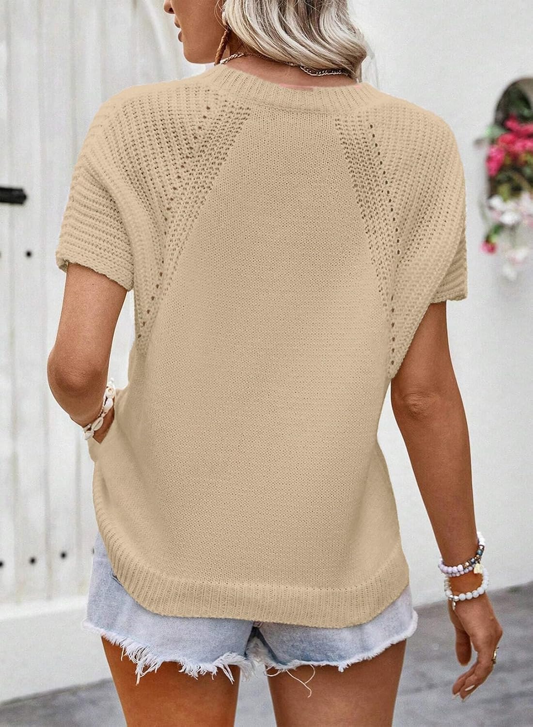 Dokotoo Women's Tops Dressy Casual Summer Crewneck Short Sleeve Sweaters Knit Solid Trendy Hollow Out Shirts Blouses - Image 2