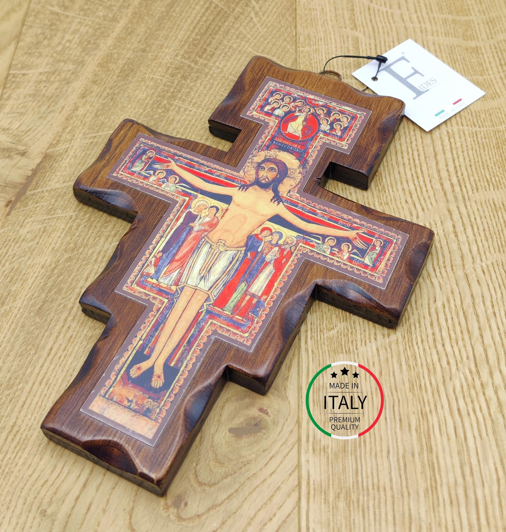 Croix San Damiano La Balestra en Bois Mural 19x14 Fabriqué en Ombrie Italie