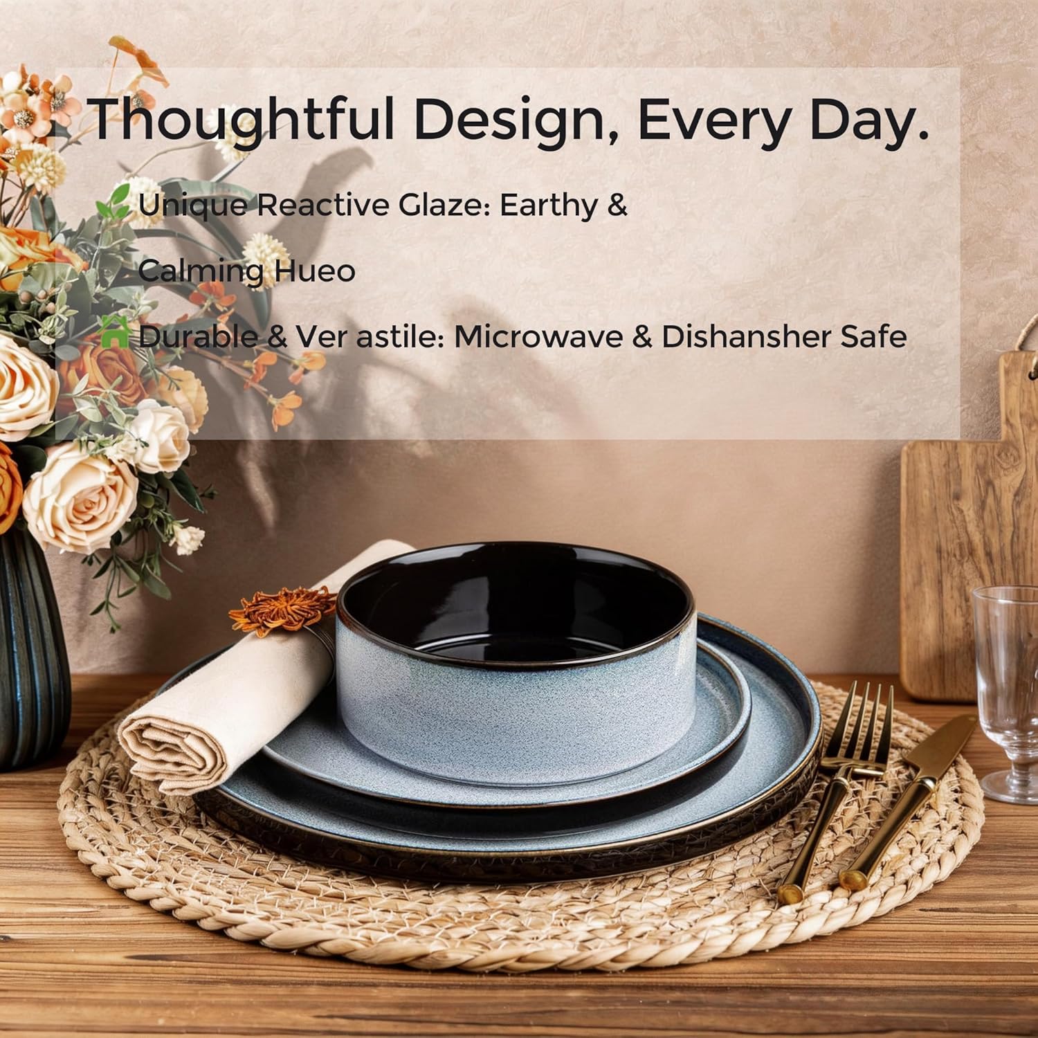 LeRatio Ceramic Dinnerware Sets for 4,Round Reactive Glaze Ceramic Plates and Bowls Set | Dishwasher & Microwave Safe Dishes Set,Service for 4 (12pc)-Gray White