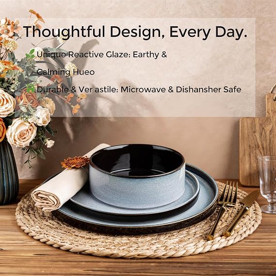 LERATIO Ceramic Dinnerware Sets for 4,12-Piece Plates and Bowls Set | Handmade Reactive Glaze Stoneware Dish Set,Oven & Microwave,Dishwasher Safe,Scratch Resistant-Gray White