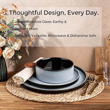 LERATIO Ceramic Dinnerware Sets for 4,12-Piece Plates and Bowls Set | Handmade Reactive Glaze Stoneware Dish Set,Oven & Microwave,Dishwasher Safe,Scratch Resistant-Gray White