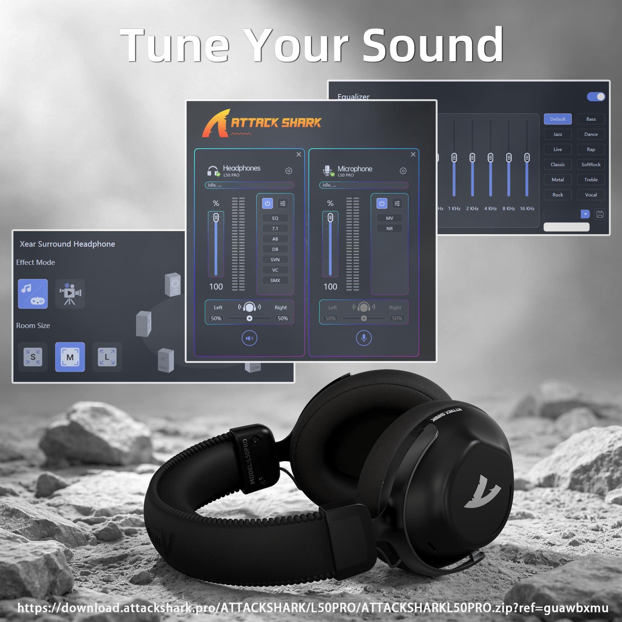 ATTACK SHARK L50PRO 3-Modos 53mm Cascos Gaming Inalámbricos 7.1 - Negro | Bio-Drivers 53mm, Surround 7.1, 2.4G/BT5.3/Cable para PC/PS/Switch, 64H, Estructura Metálica Ligera, Micro 360° Extraíble