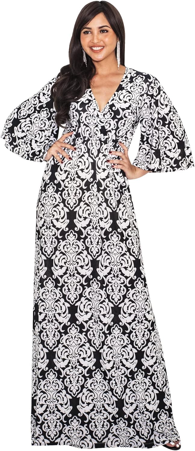KOH KOH Womens 2026 Long 3/4 Sleeve V Neck Bohemian Print Flowy Maxi Dress Gown