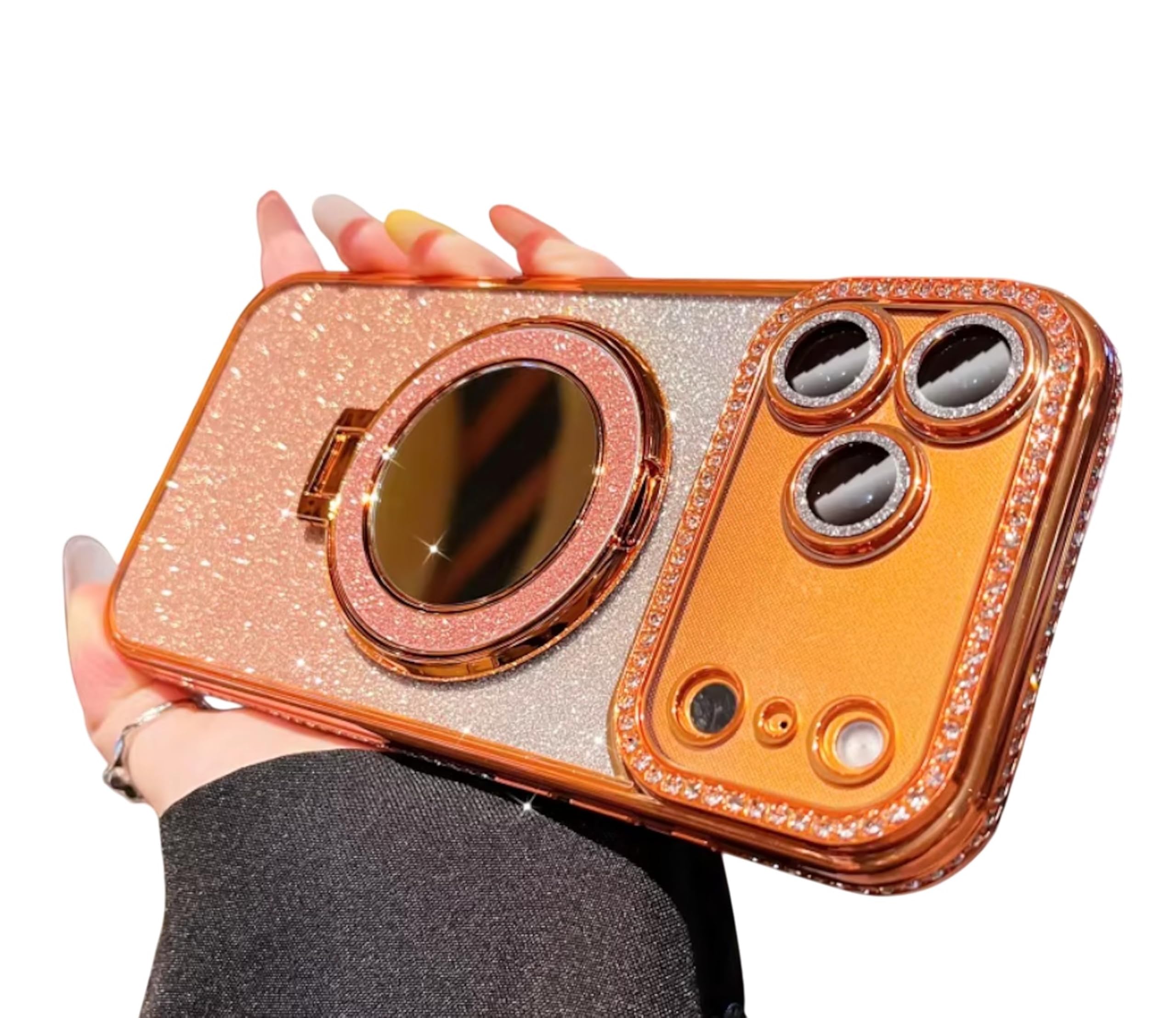 BOUNCEBACK Electroplated Bling Jewel Glitter Plating Mirror Case for Girls Women with Rotating Stand for iPhone 17 Pro Max - (Orange)-image-8