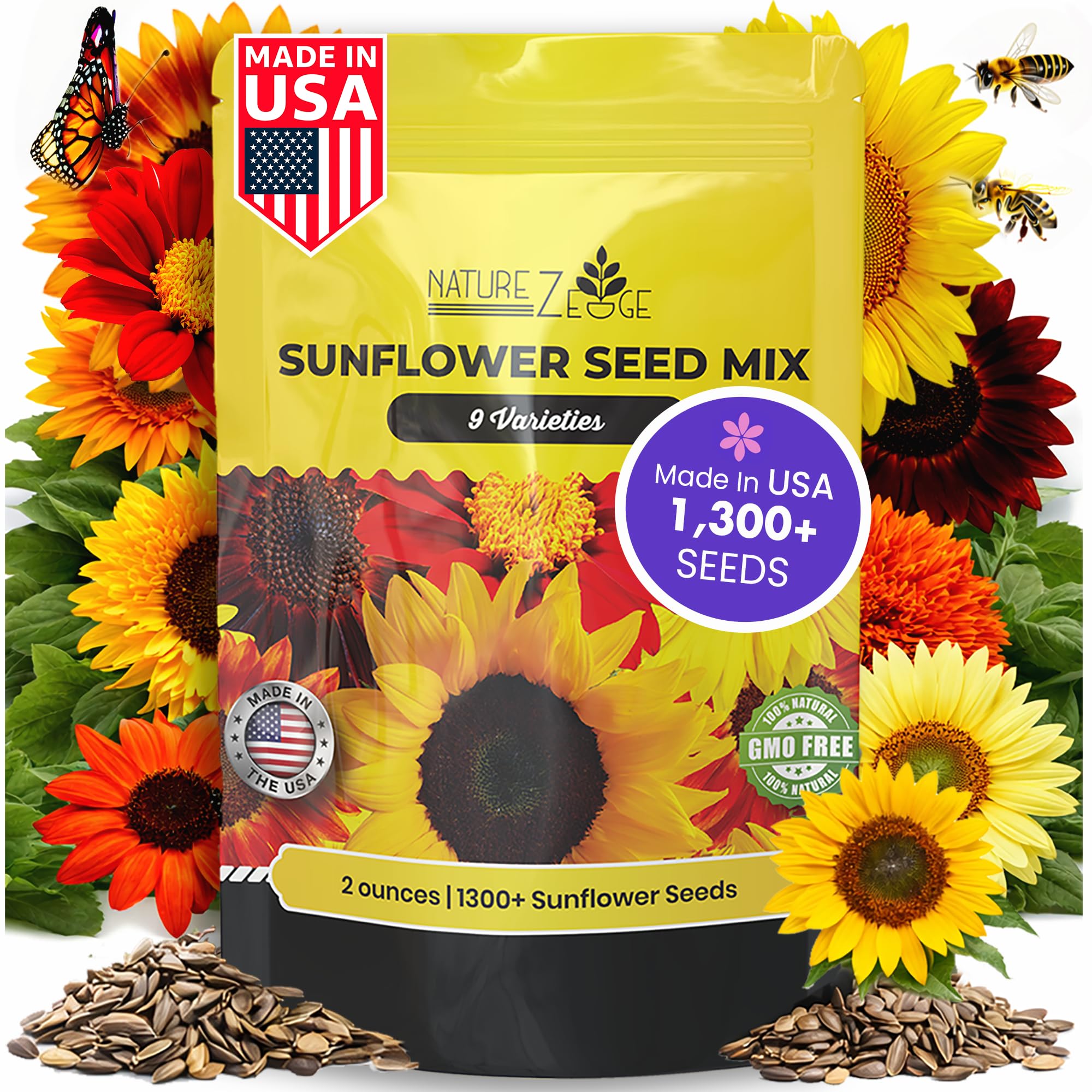 NatureZ Edge 1300+ Sunflower Seeds Garden Variety Pack, Bulk Sunflower Seeds for Planting Flowers, Get More Sunflower Seeds to Plant, Mammoth, Dwarf, Lemon Queen, Giant and More. 2oz Packet