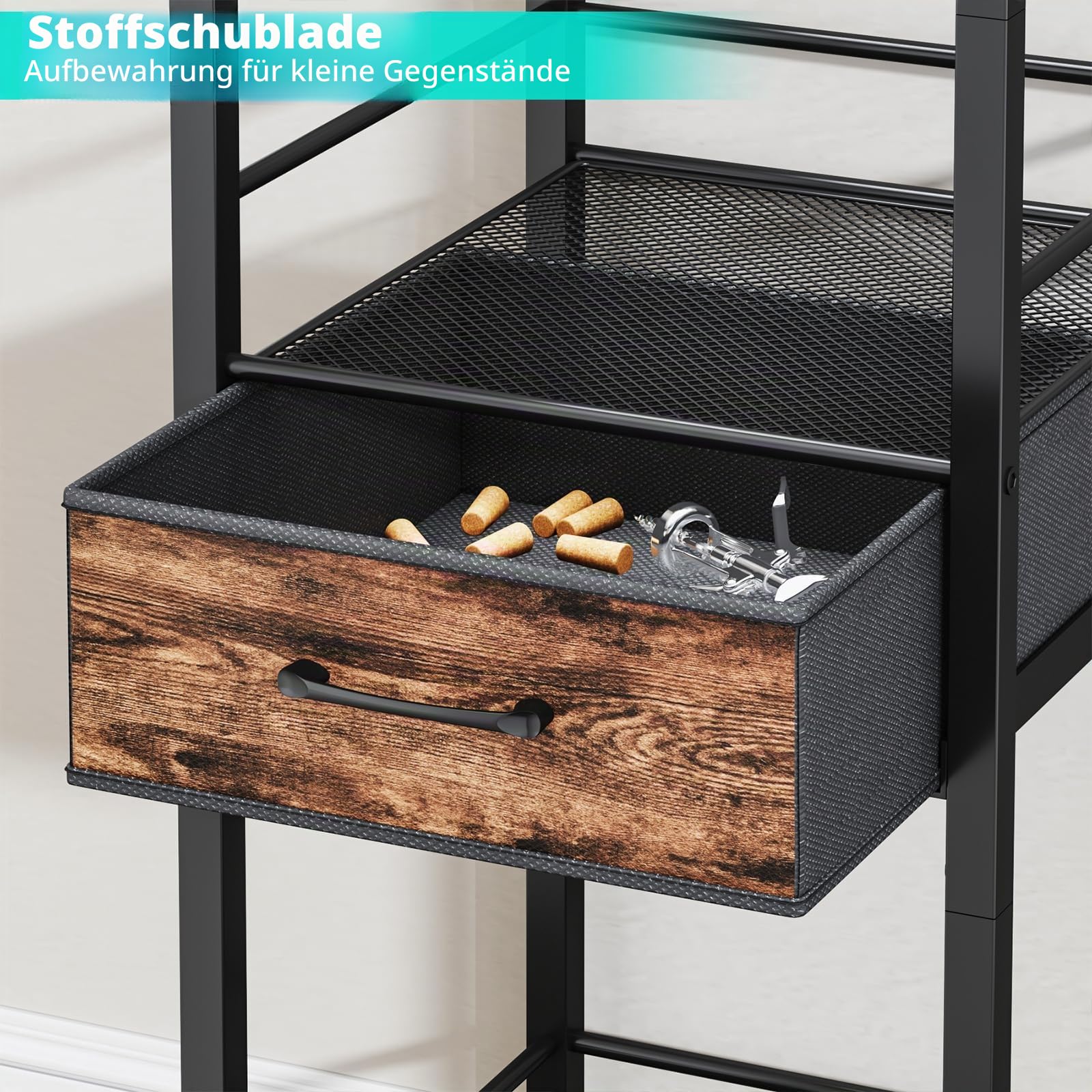 HapiRm Weinregal Freistehend Weinflaschenregal Flaschenregal - 4-stöckiger Stufenlikör Flaschenständer für Zuhause mit Stoffschublade, Wein & Glas Organizer für Bar, Wohnzimmer, Küche oder Esszimmer