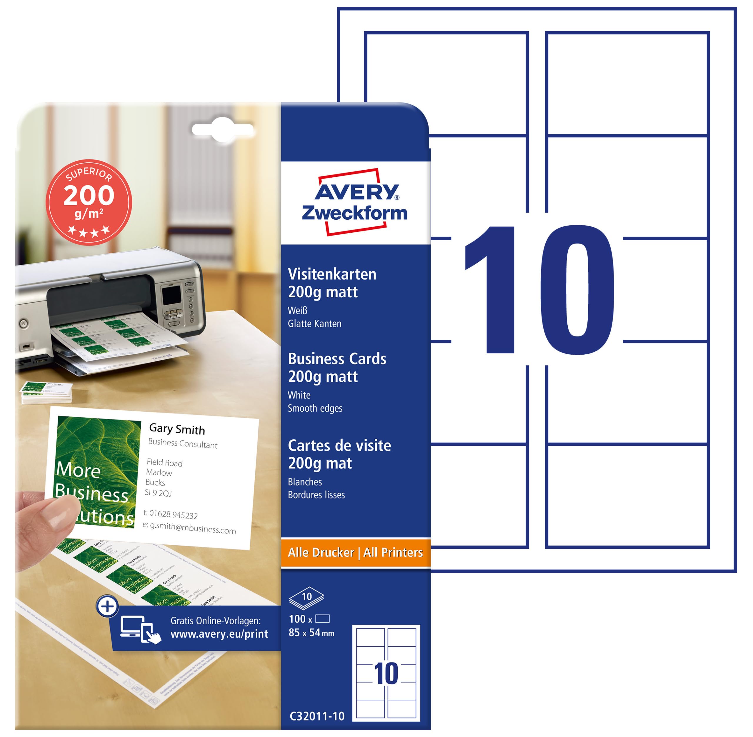 AVERY Zweckform C32011-10 Superior Visitenkarten, blanko (100 Stück, 200g, 85x54 mm, einseitig bedruckbar, matt weiß, absolut glatte Kanten, 10 Blatt) zum Selbstbedrucken auf allen Druckern